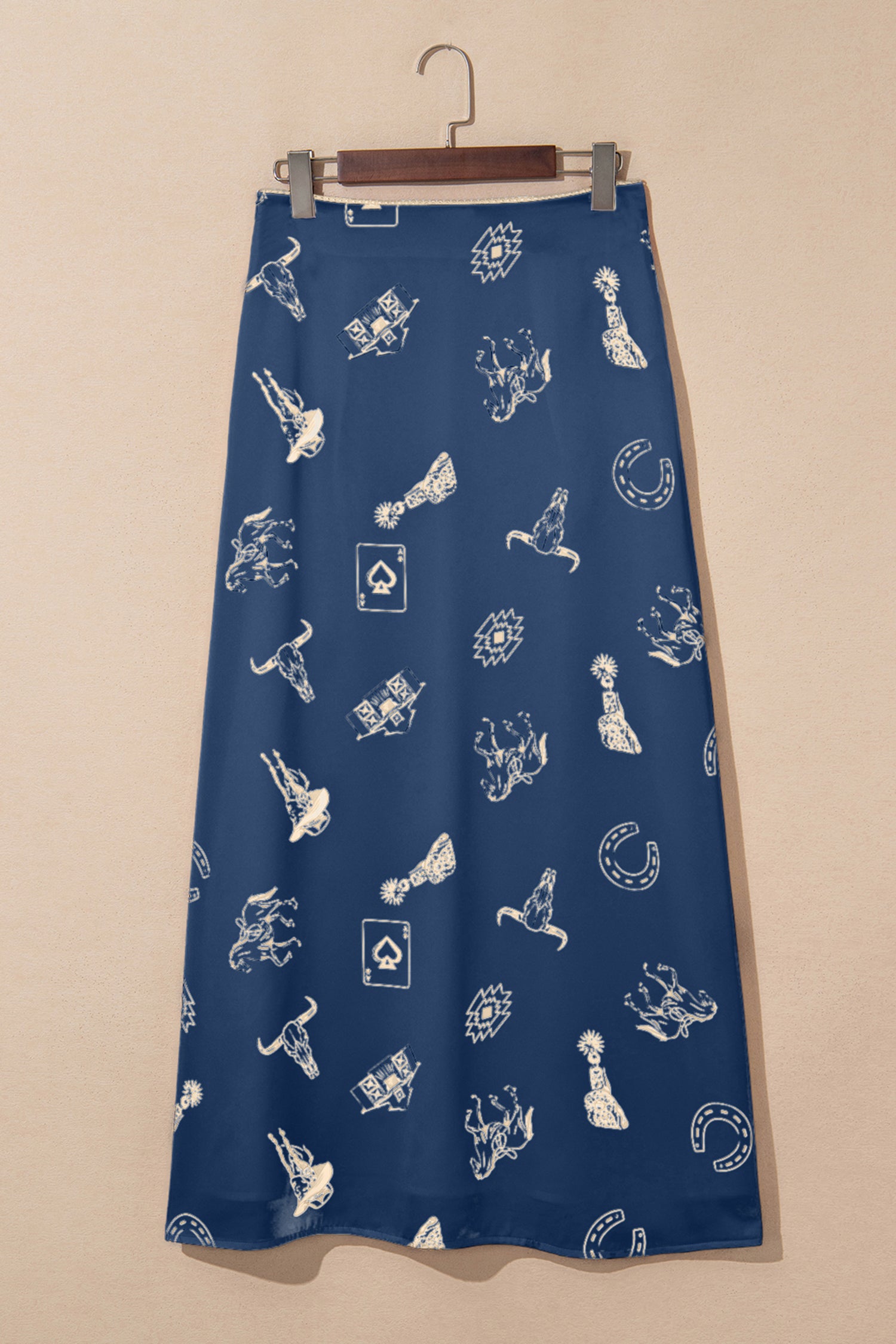 Navy Blue Western Print Satin Long Skirt