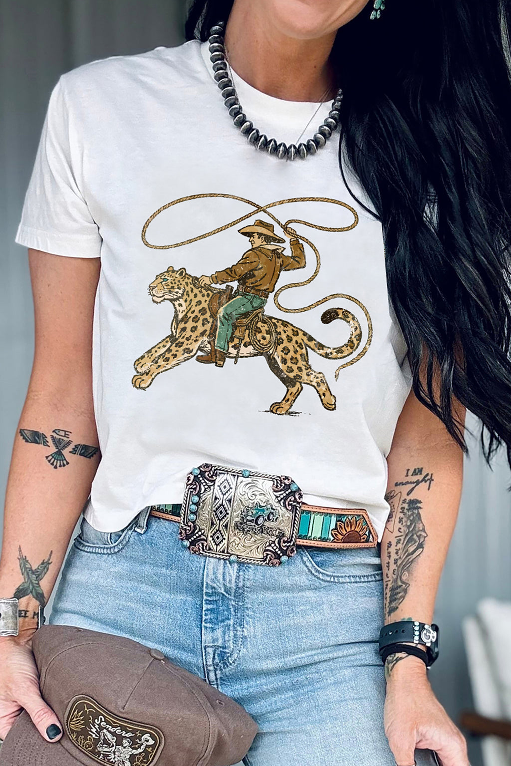 White leopard rodeo cowboy tee, view 4
