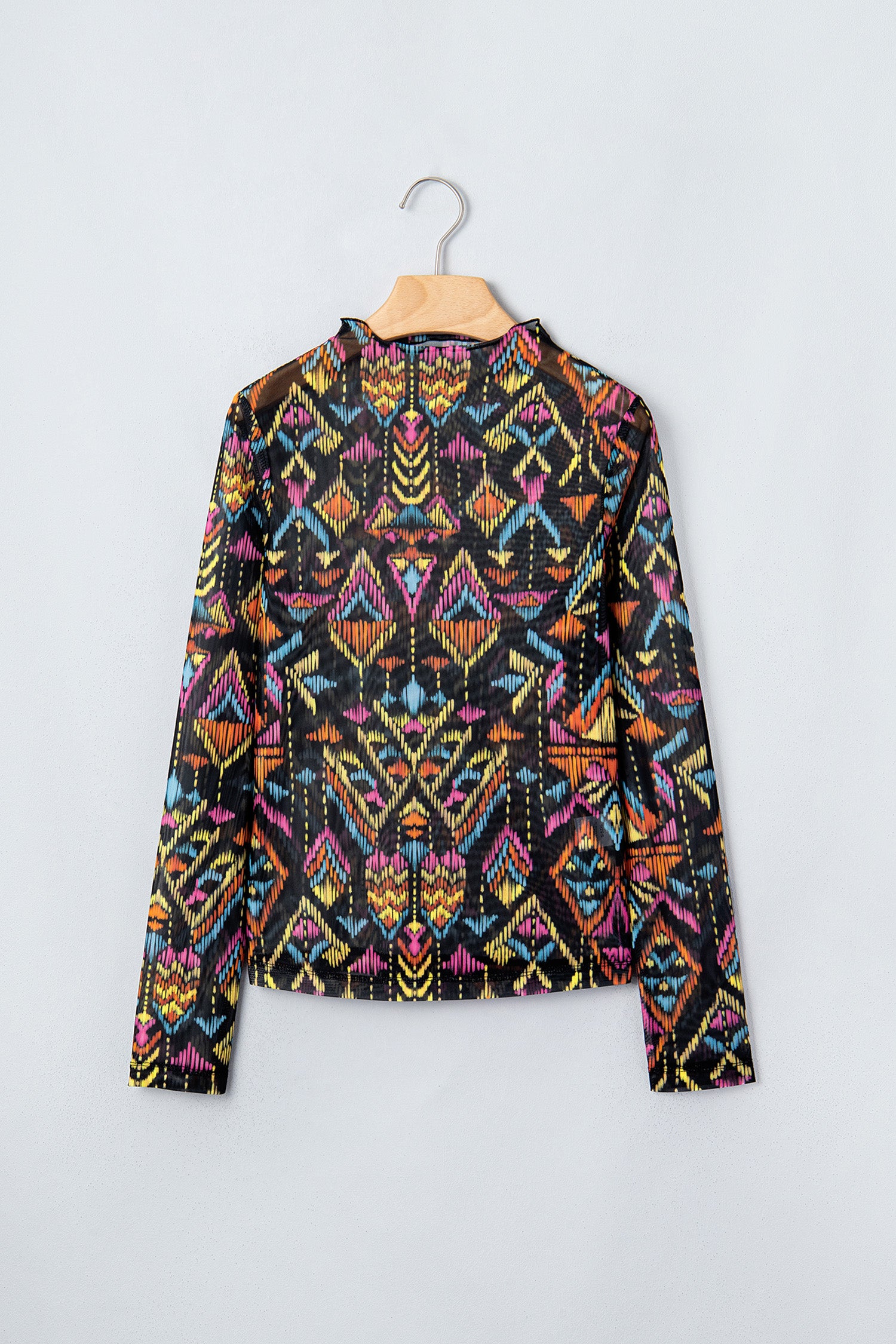 Black Abstract Print Stand Neck Mesh Top