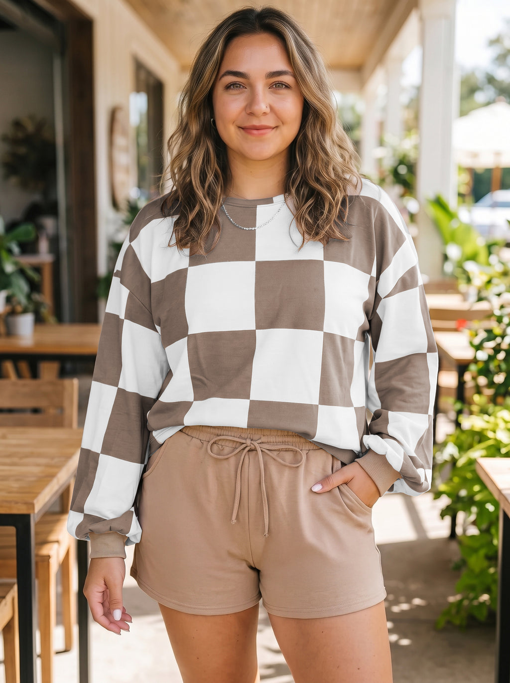 Khaki checkered plus size set, view 14
