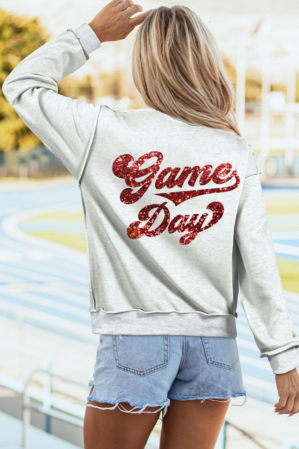 Grey sequin game day sweatshirt, view 4