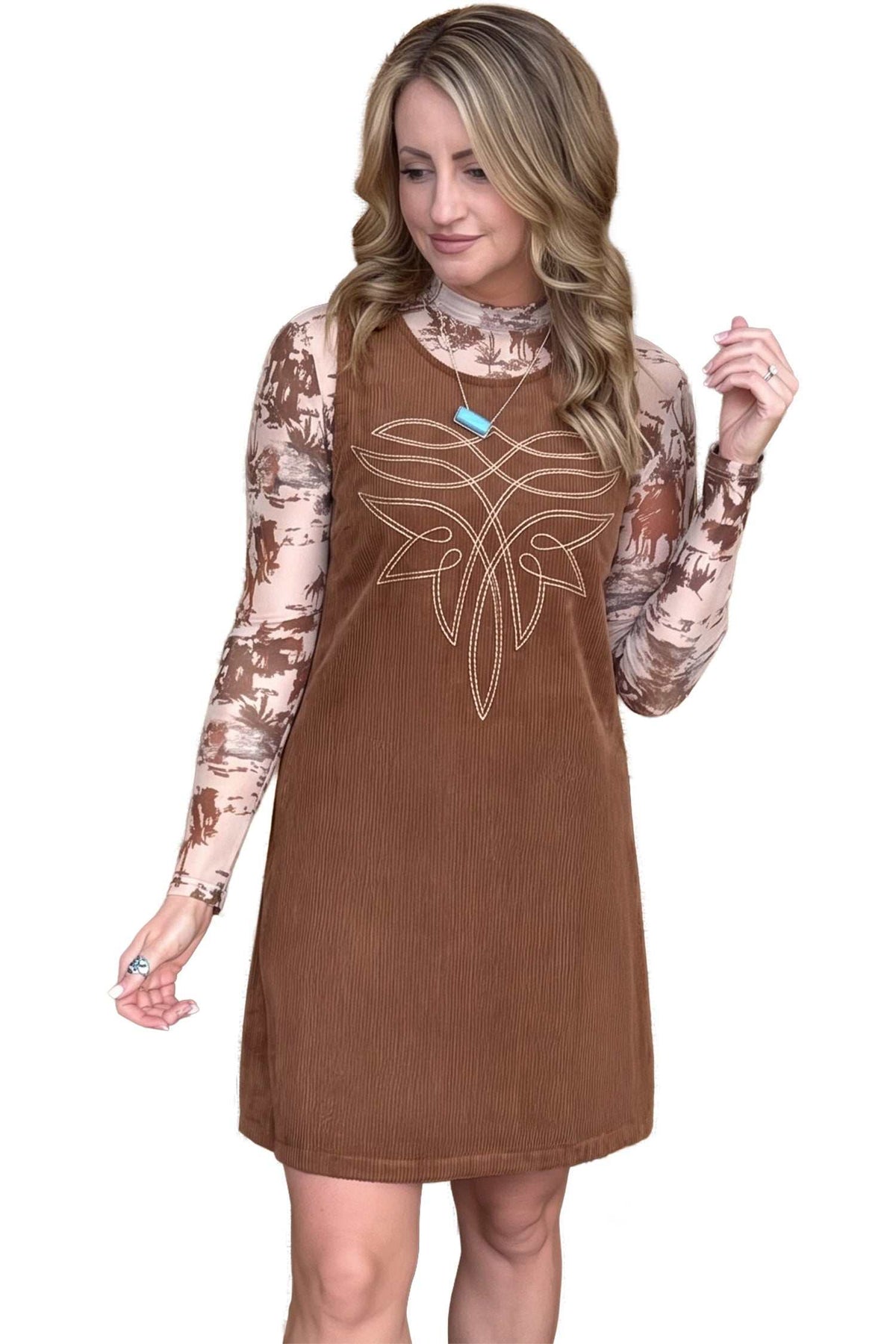 Coffee corduroy shift dress, view 15