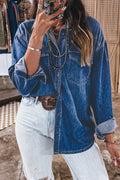 Women's sail blue tunic-length denim shirt with western patch pockets