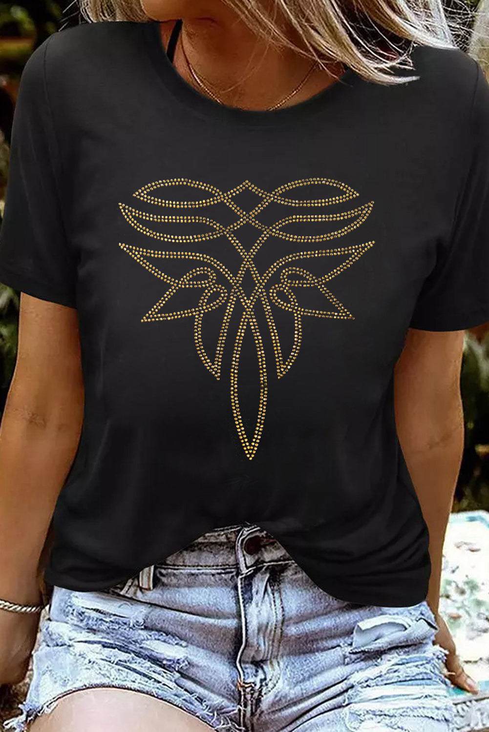 Black Rhinestone Western Graphic Tee in black cotton blend with gold rhinestone western pattern on front for cowgirl style