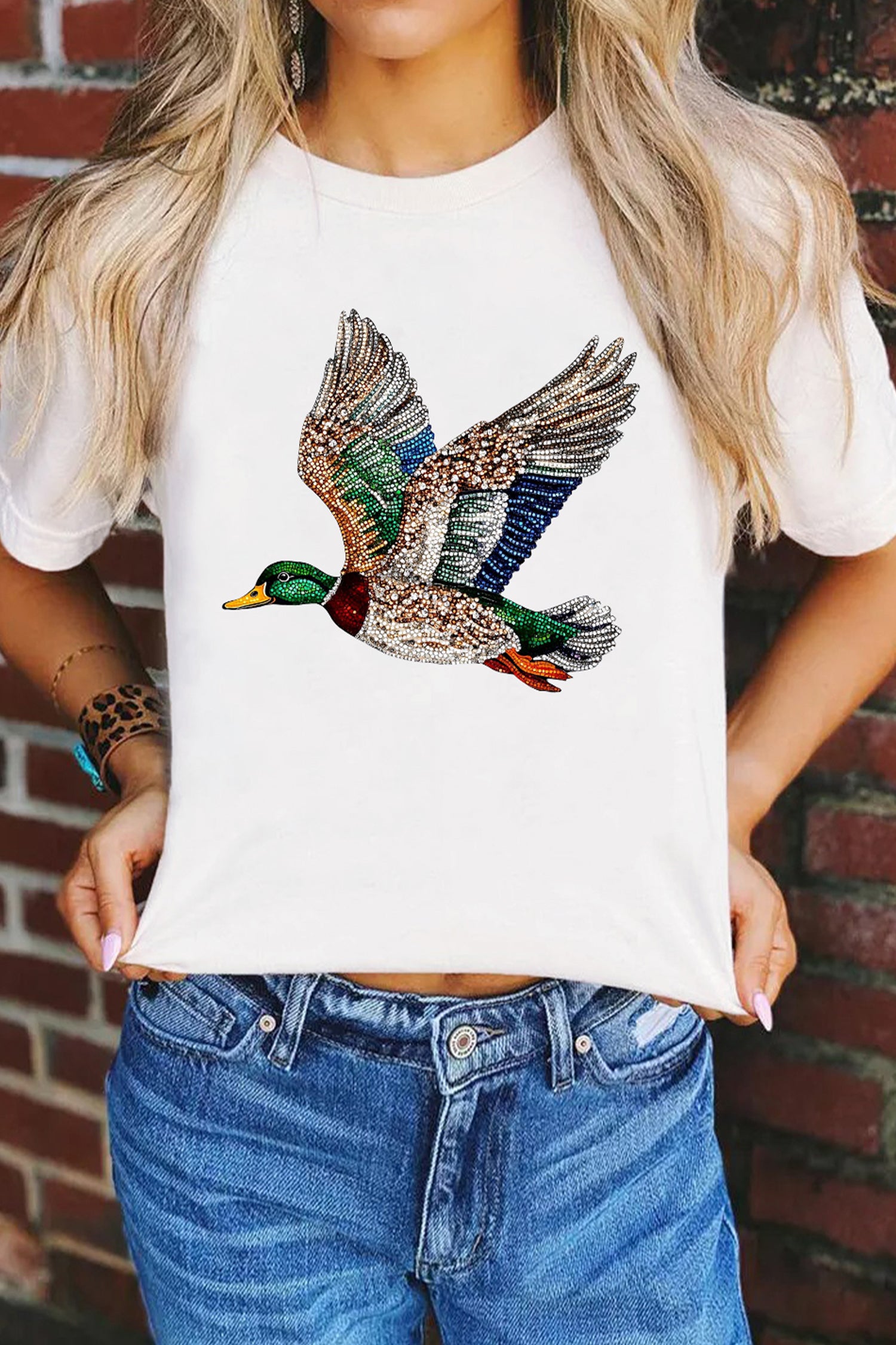 Khaki Flying Mallard Print Crew Neck T Shirt