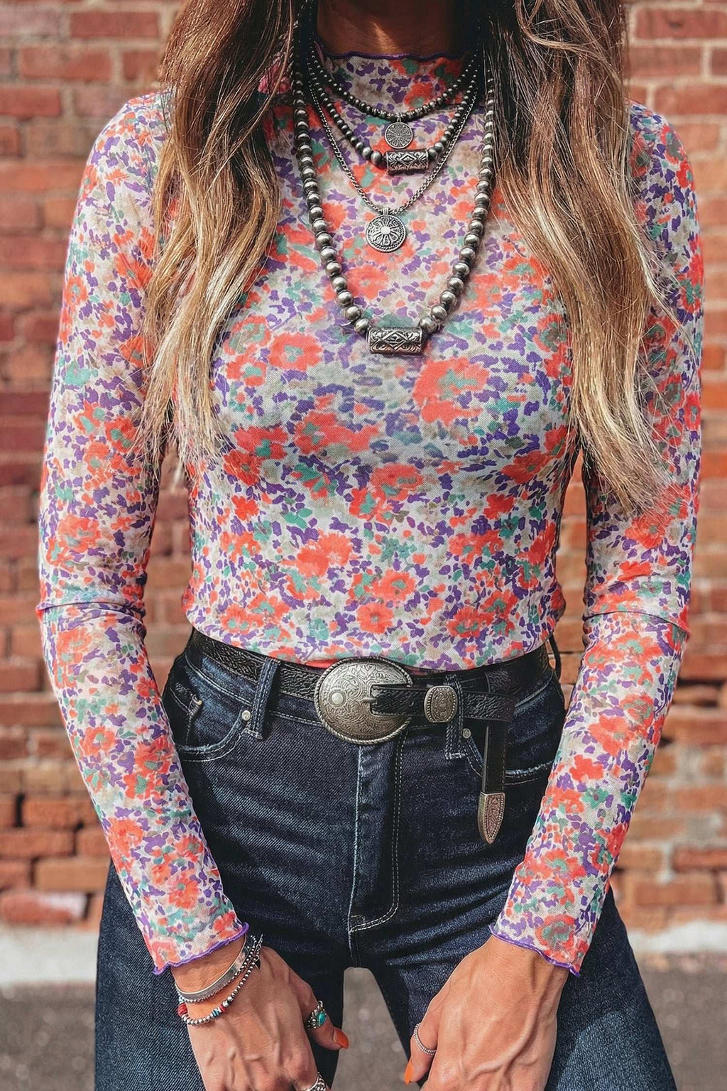 Smoke gray floral mesh top, view 12