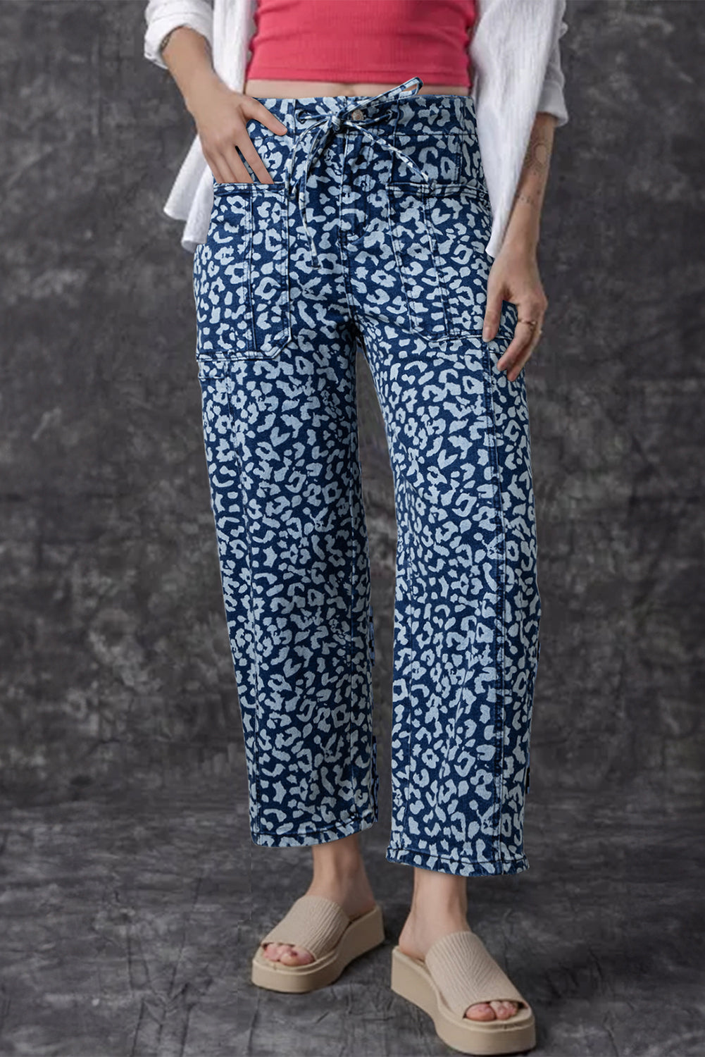 Khaki Leopard Printed Drawstring Elastic Waistband Pocketed Barrel Jeans