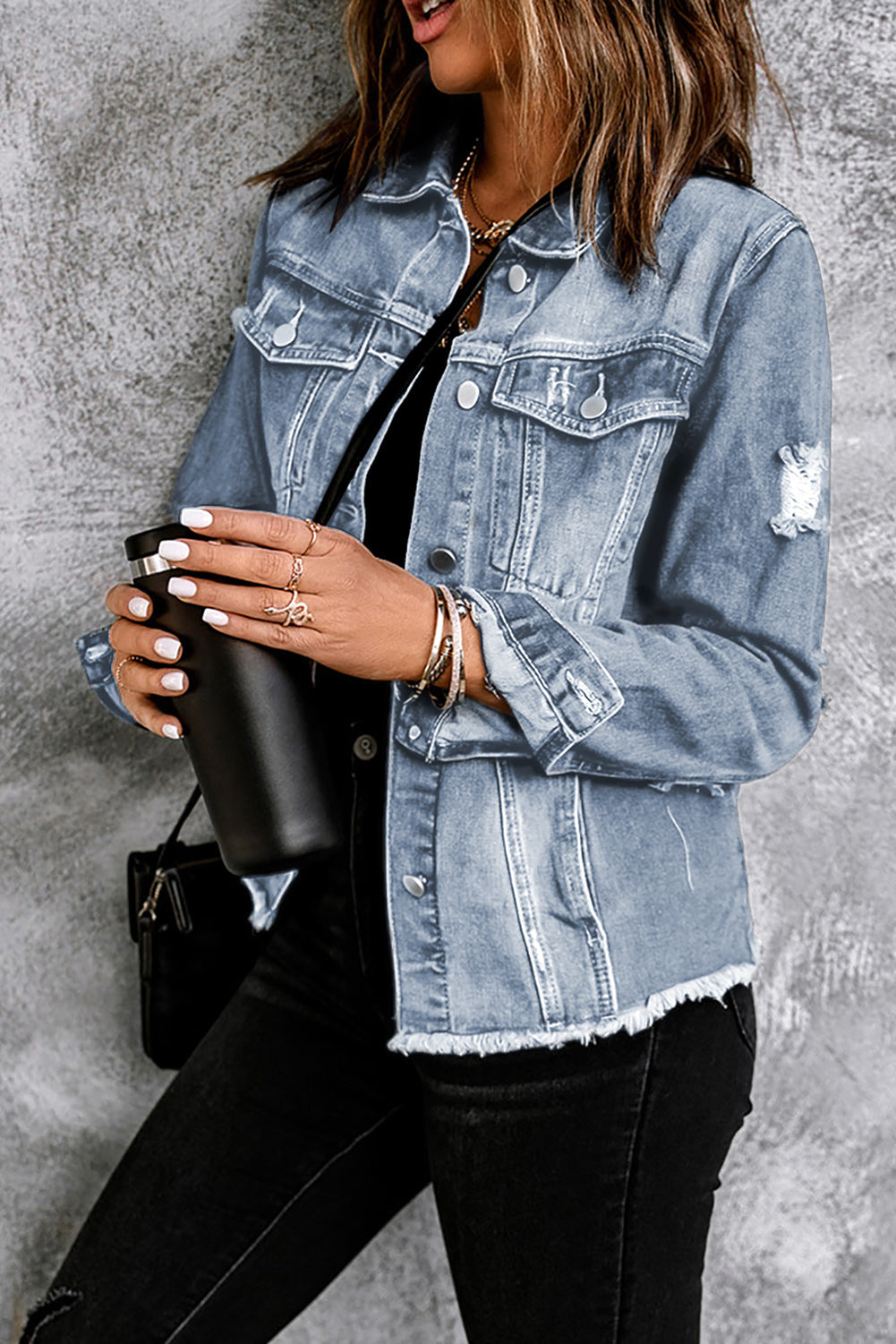 Sky blue distressed denim jacket, view 3
