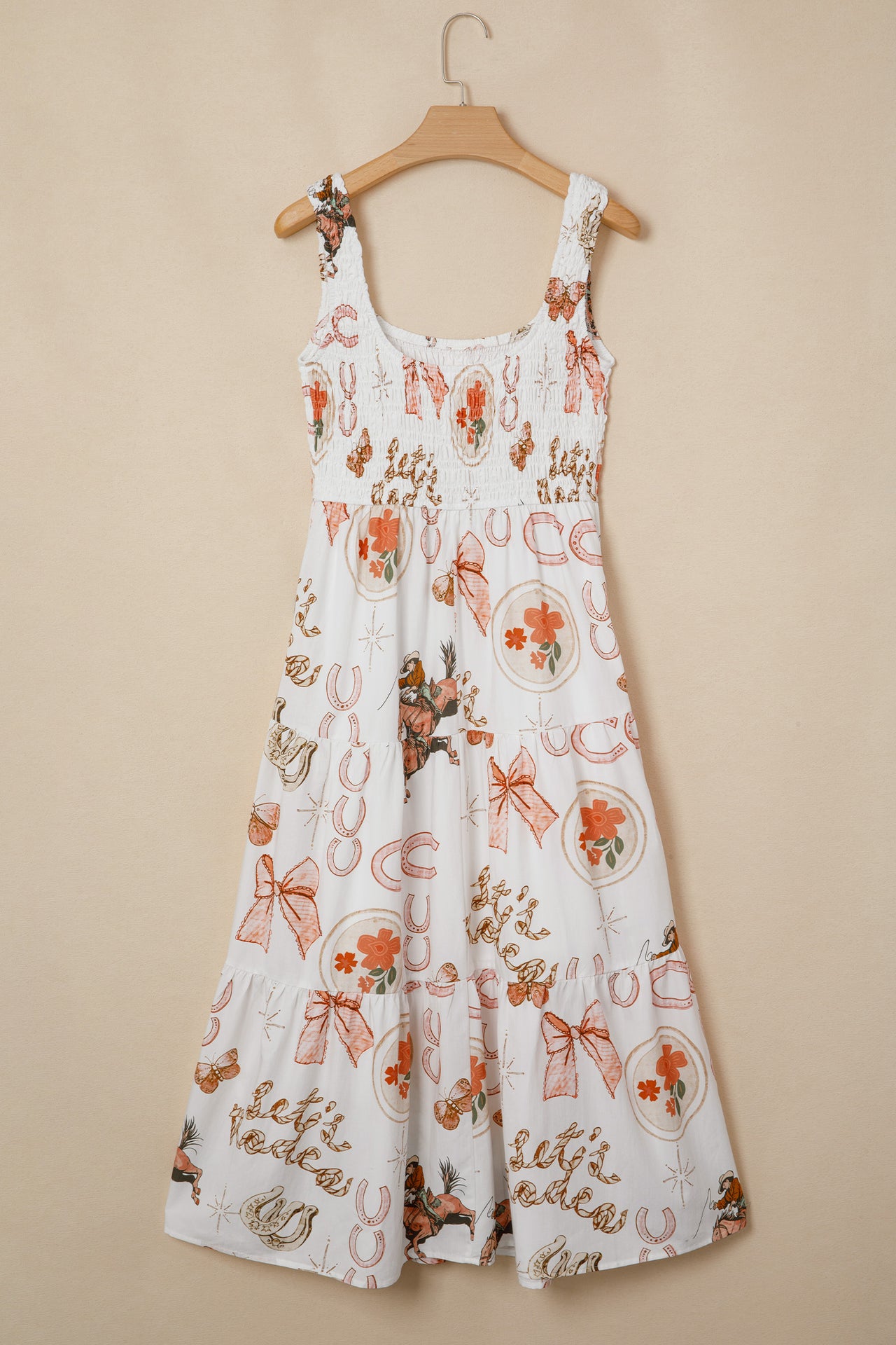 White Western Horseshoe Print U-Neck Sleeveless Midi Dress