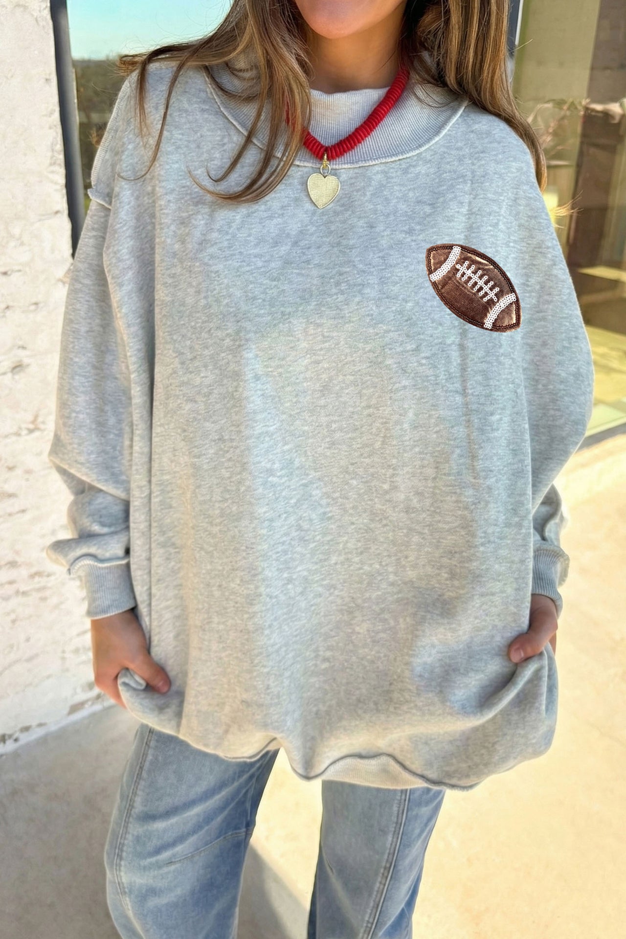 Light Grey Football Patch Sequin Game Day Lettering Mock Neck Tunic Sweatshirt
