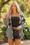Black Double Plaid Patchwork Drawstring Hooded Shacket Dear-Lover Dropshipping