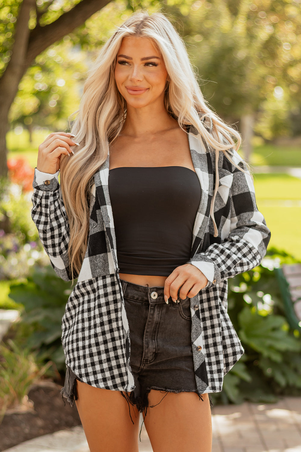 Black Double Plaid Patchwork Drawstring Hooded Shacket Dear-Lover Dropshipping