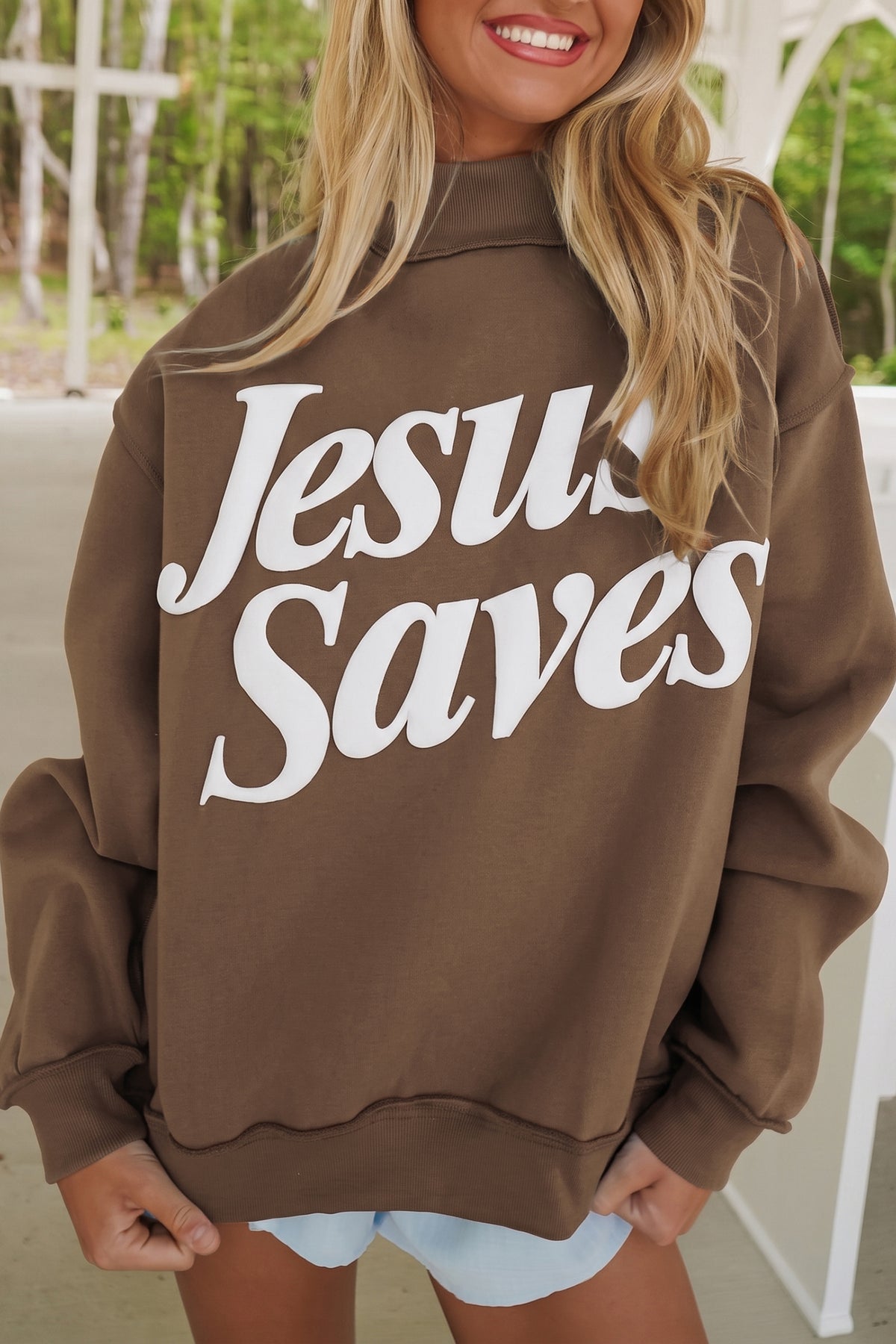 Dark Brown Jesus Saves Slogan Print Stand Neck Baggy Sweatshirt Dear-Lover Dropshipping
