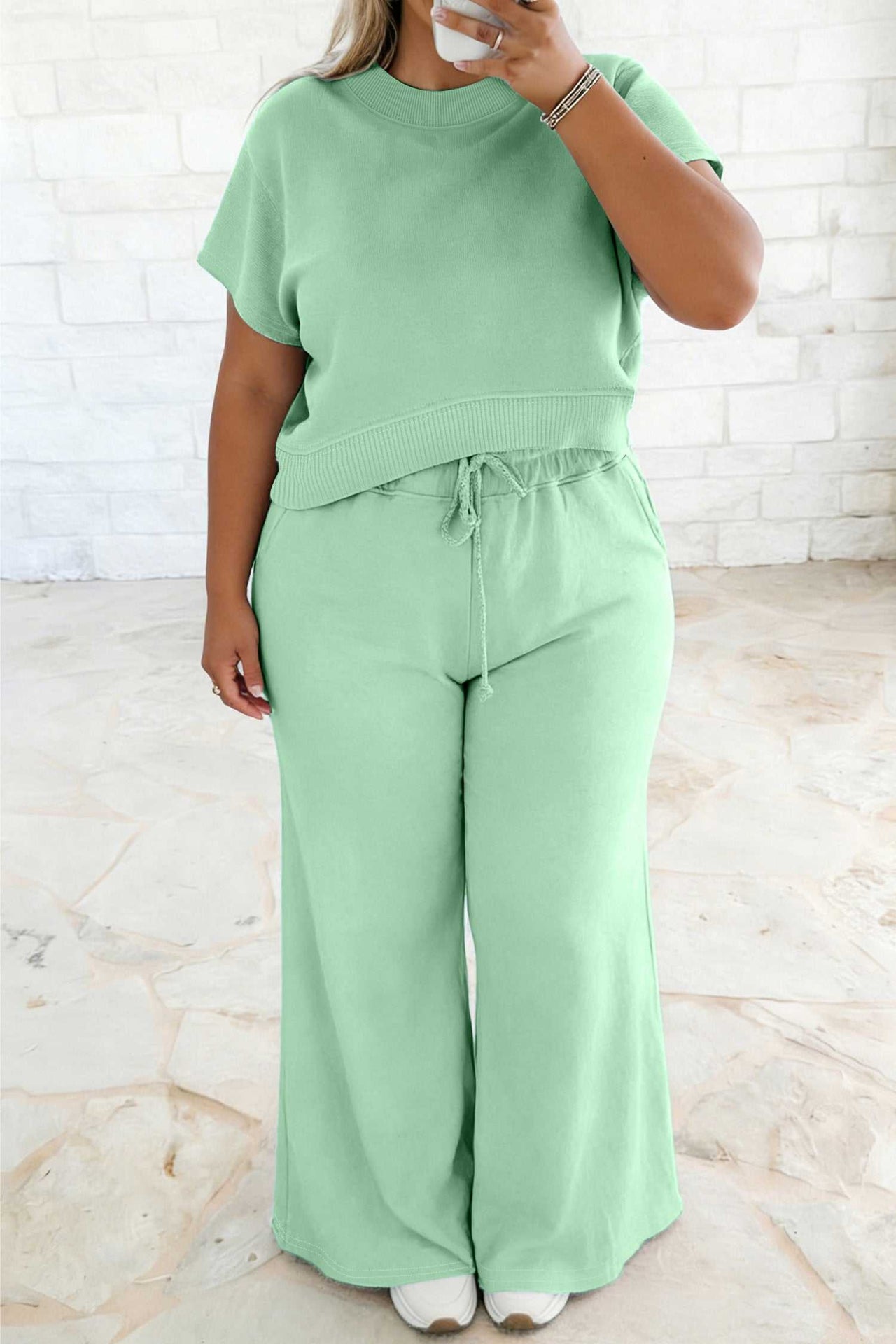 Mist Blue Solid Color Ribbed Trim Short Sleeve Top Drawstring Loose Pants 2pcs Outfit