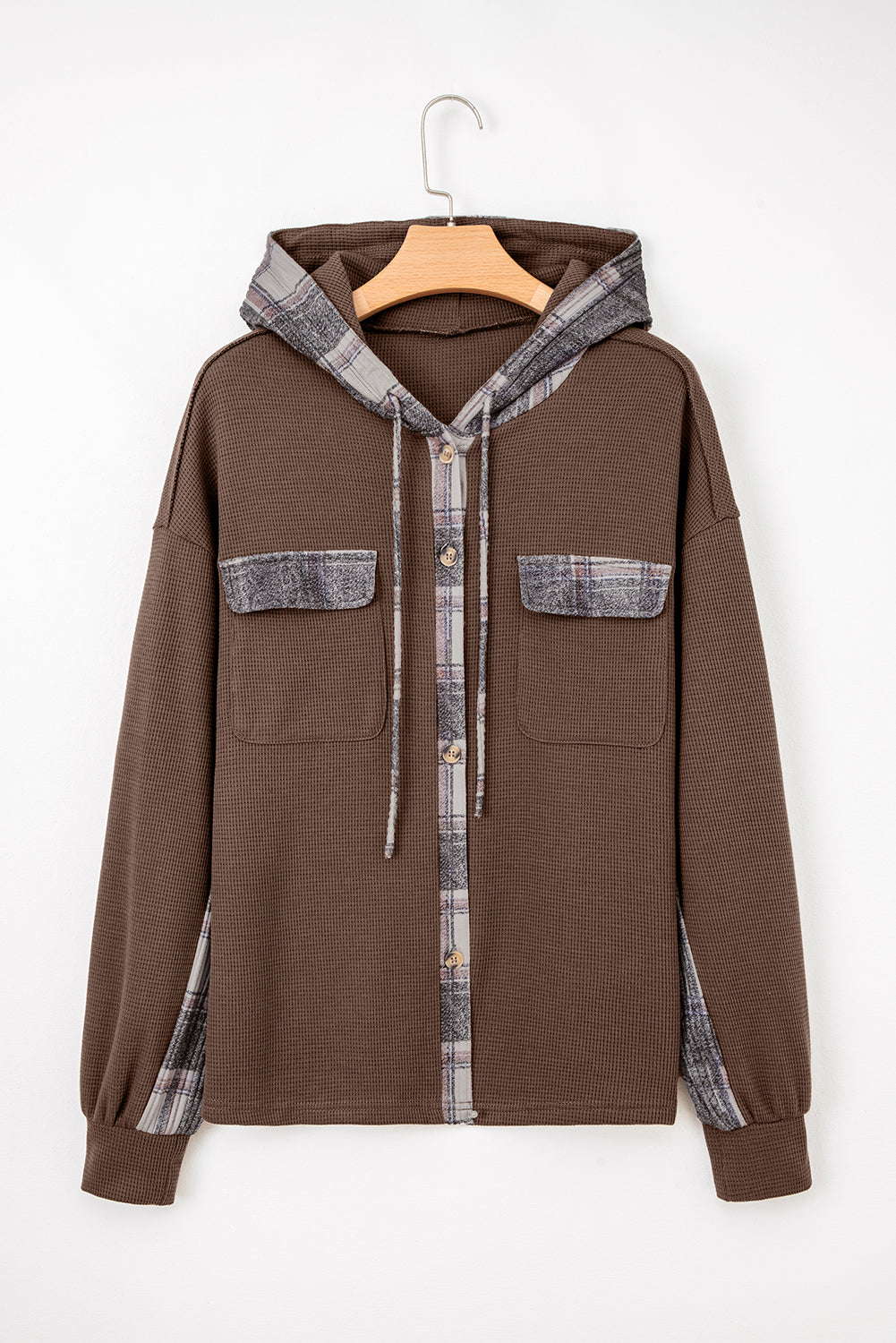 Brown Plaid Patchwork Button Down Drawstring Hooded Shacket Dear-Lover Dropshipping