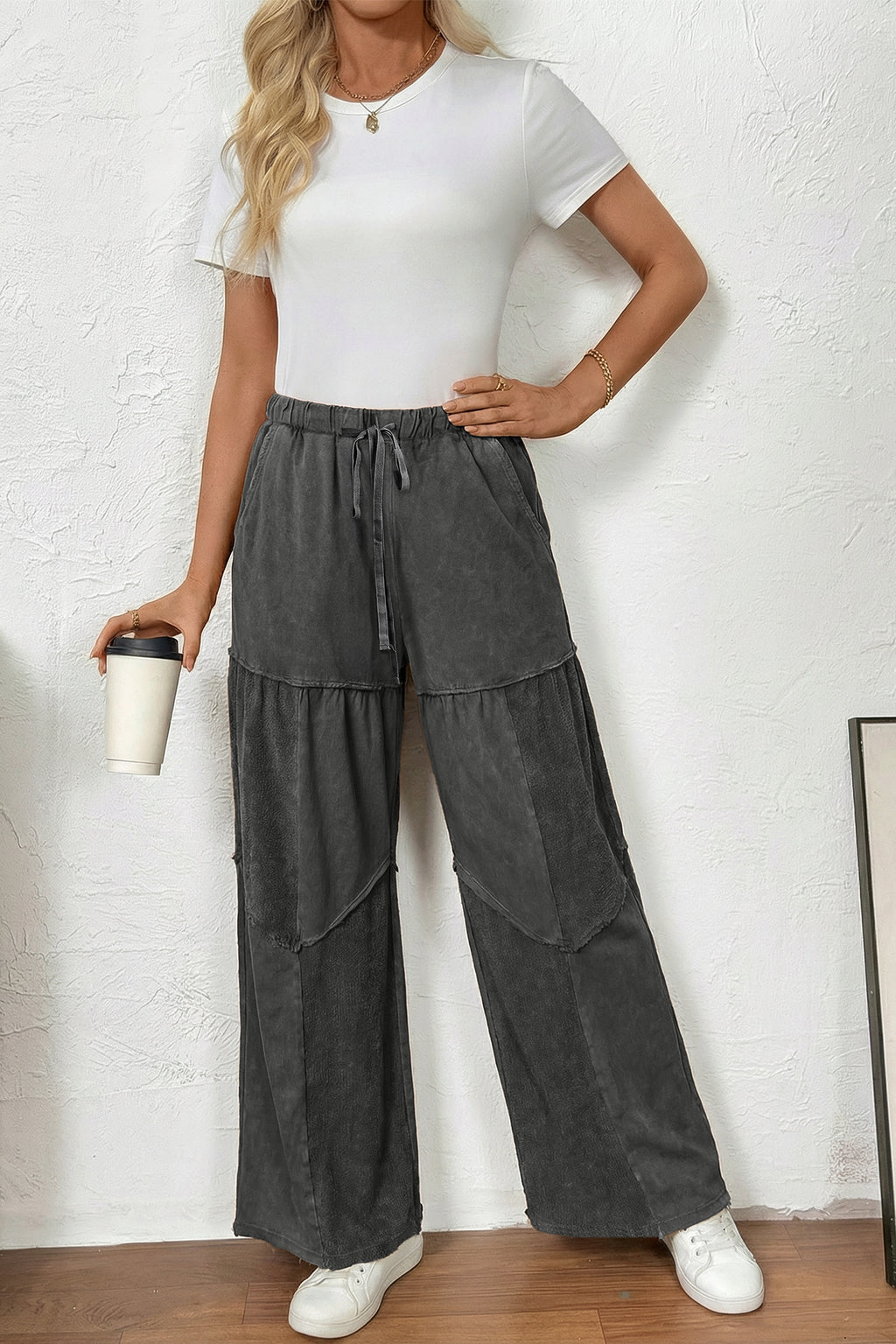 Black tiered wide leg pants, view 10
