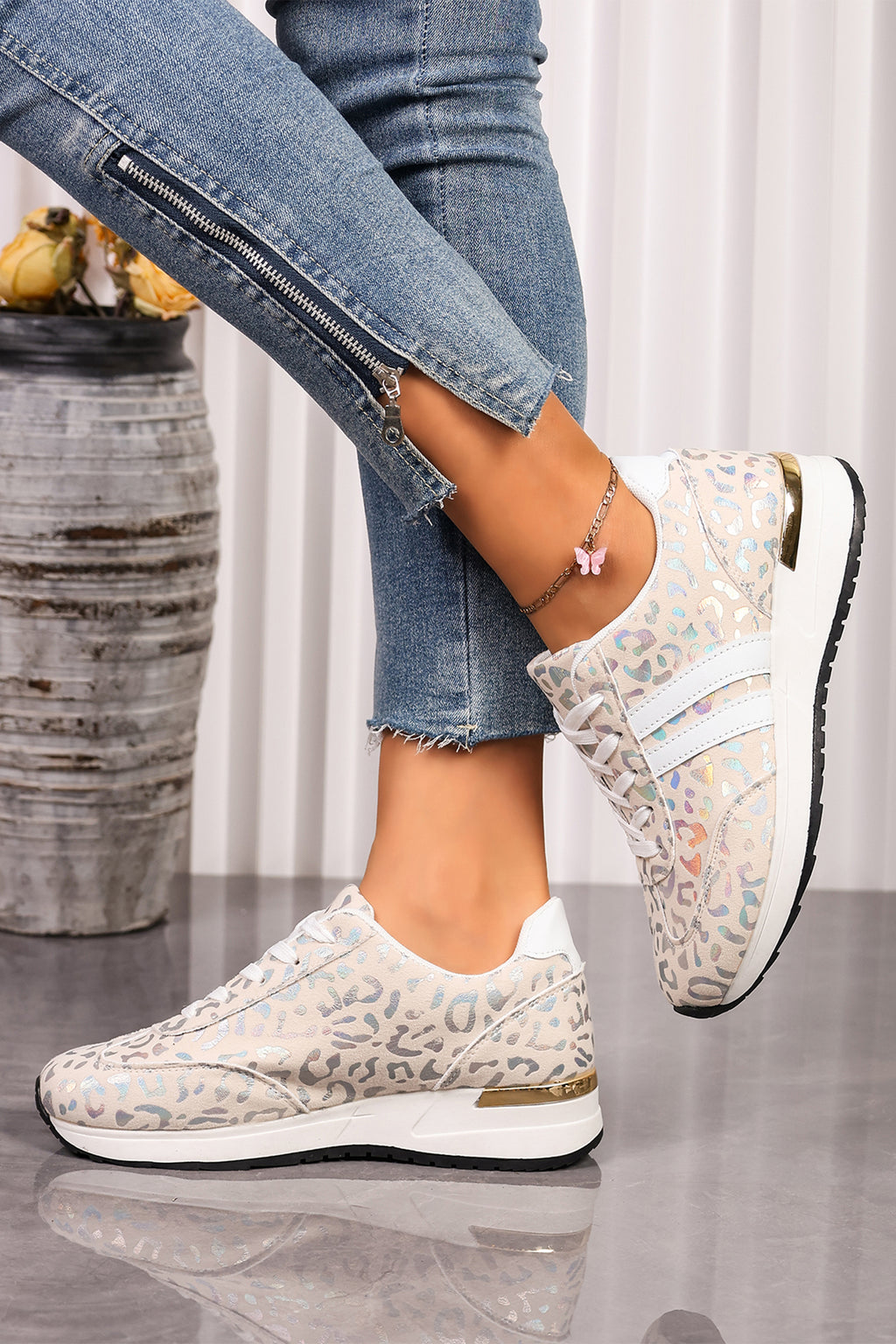 White leopard lace-up sneakers, view 4