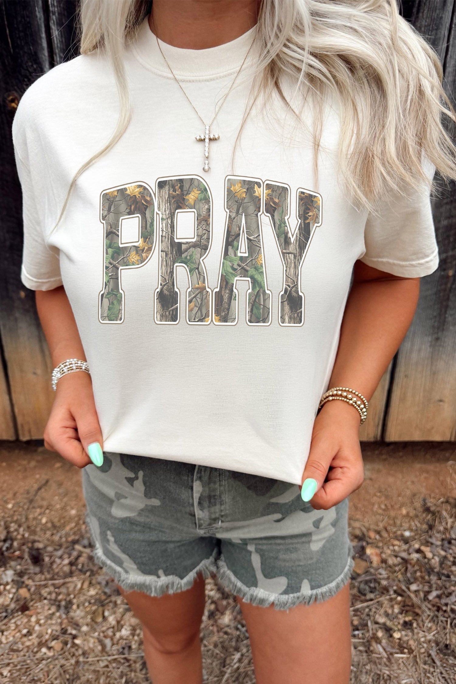 White PRAY camo letter print t-shirt model full outfit view