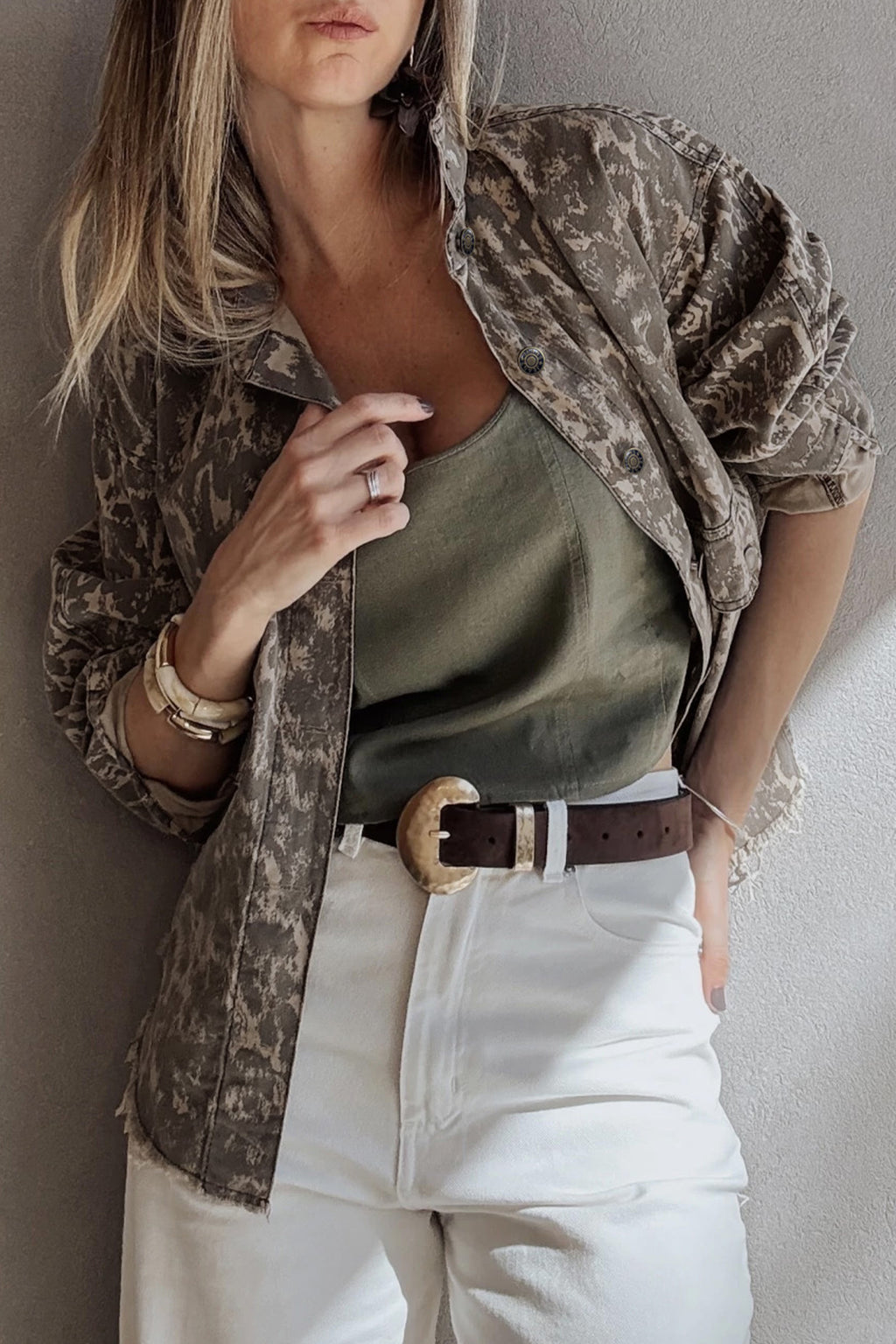 Khaki Abstract Print Denim Jacket styled outfit