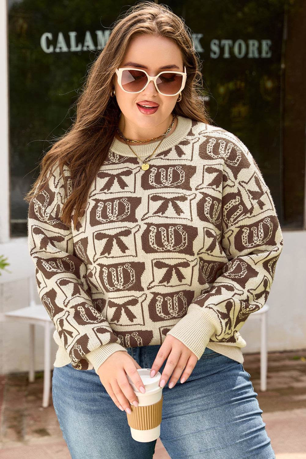 Brown horseshoe plus size sweater, view 6