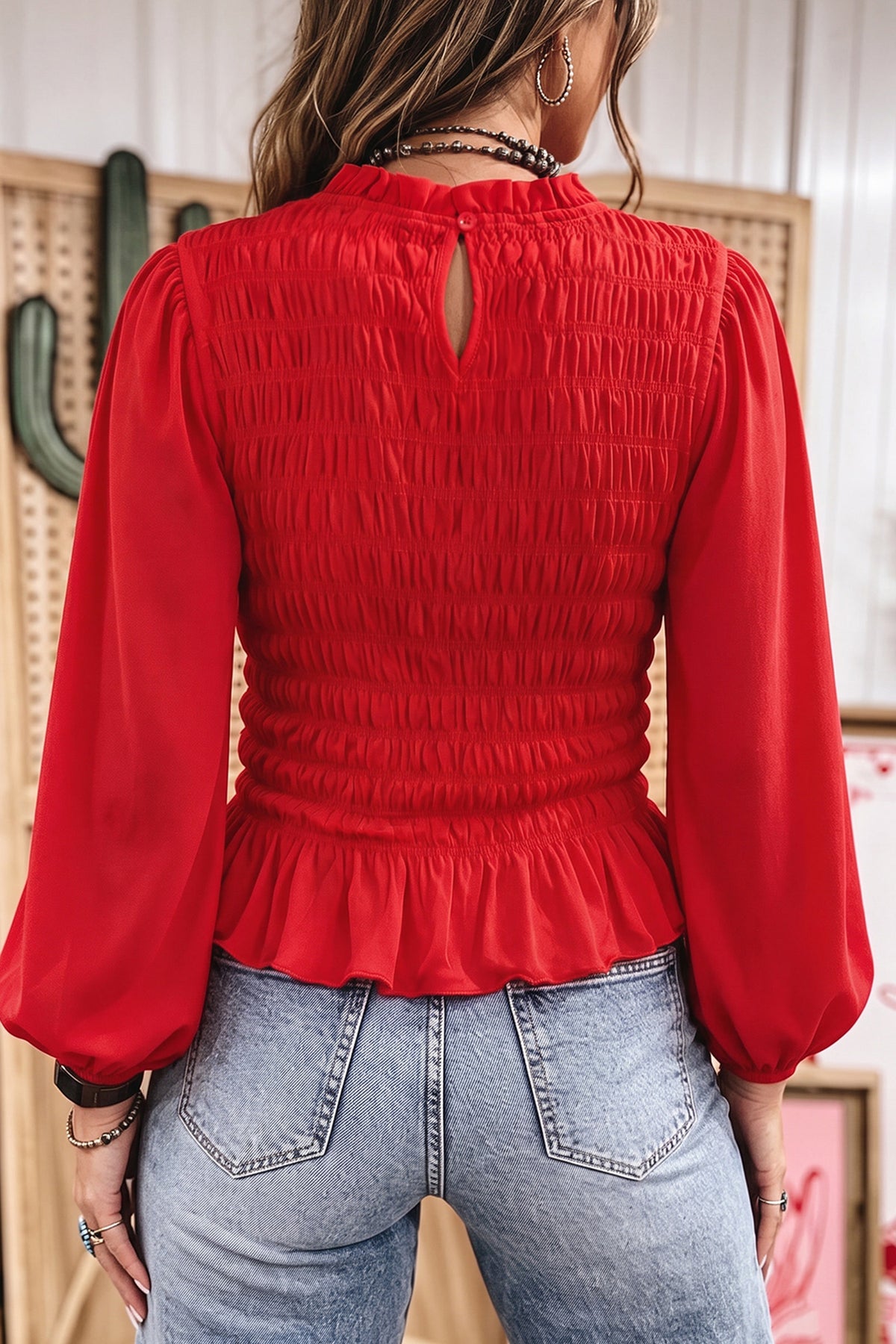 Jet Stream Solid Color Smocked Ruffle Hem Long Sleeve Blouse Dear-Lover Dropshipping