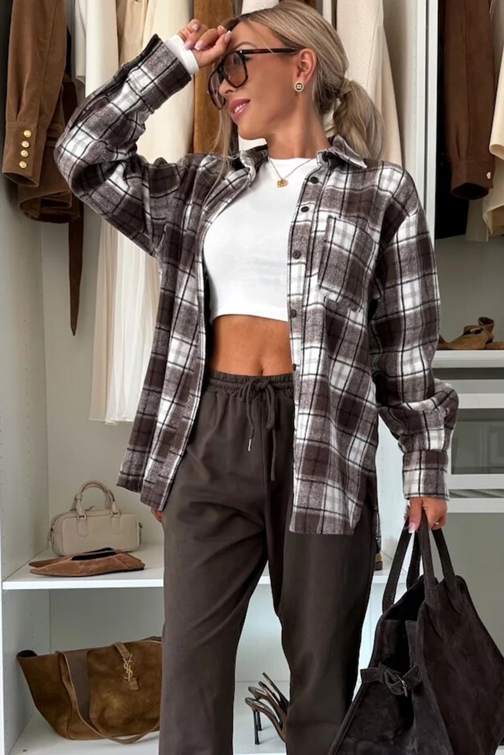 Dark Brown Flanel Plaid Single Chest Pocket Boyfriend Shacket Dear-Lover Dropshipping
