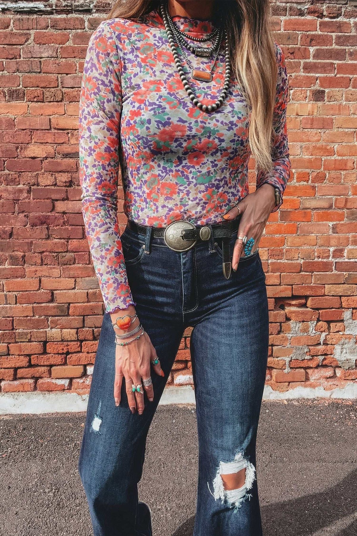 Smoke gray floral mesh top, view 13