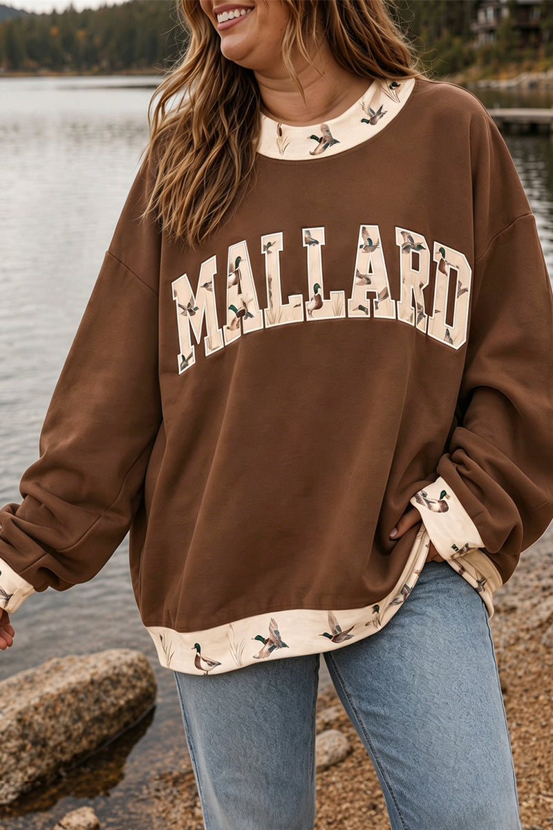 Coffee Plus Size Embroidered Trim Mallard Patch Contrast Trim Crewneck Sweatshirt Dear-Lover Dropshipping