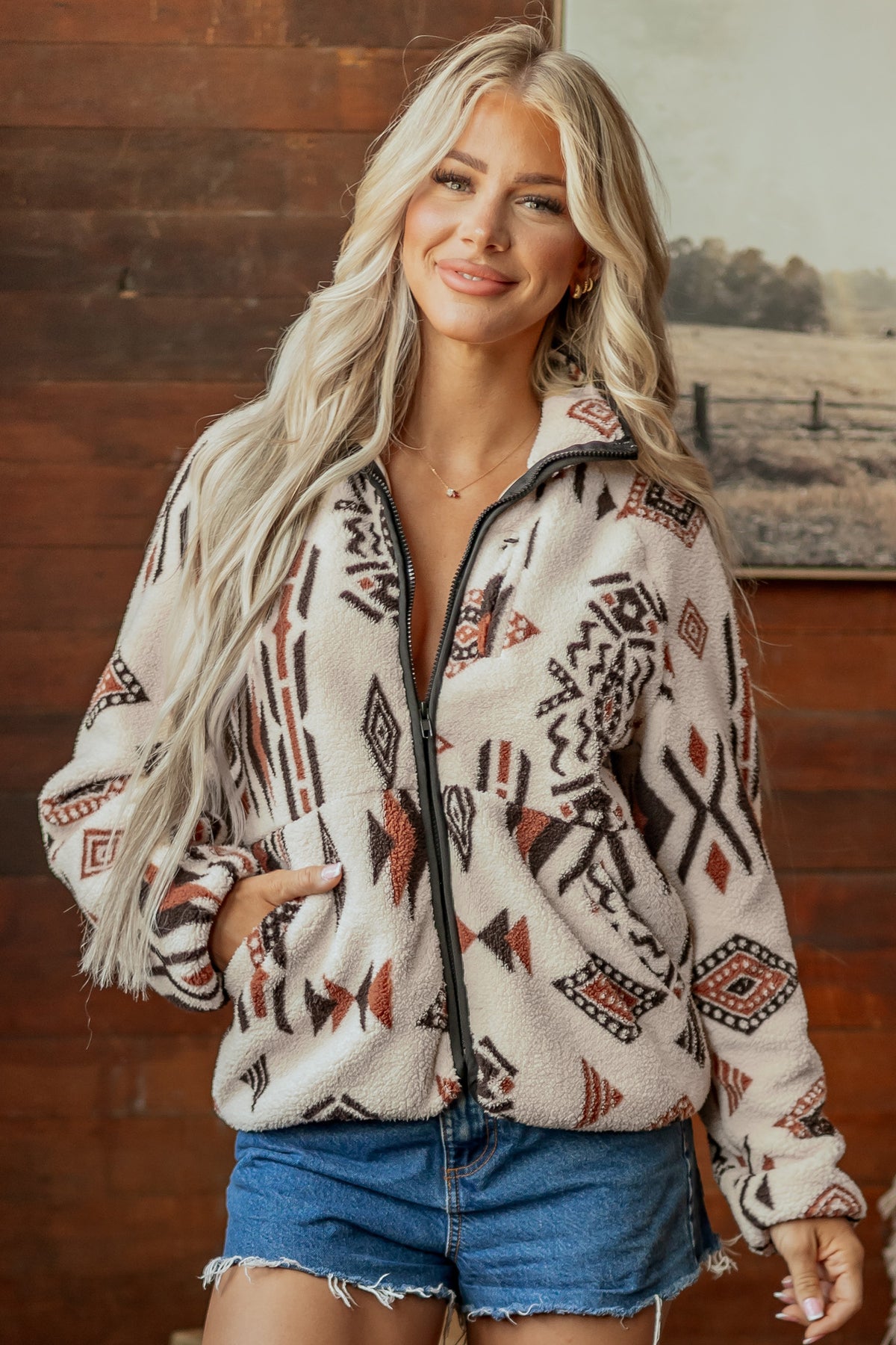 Beige geometric sherpa jacket, view 3