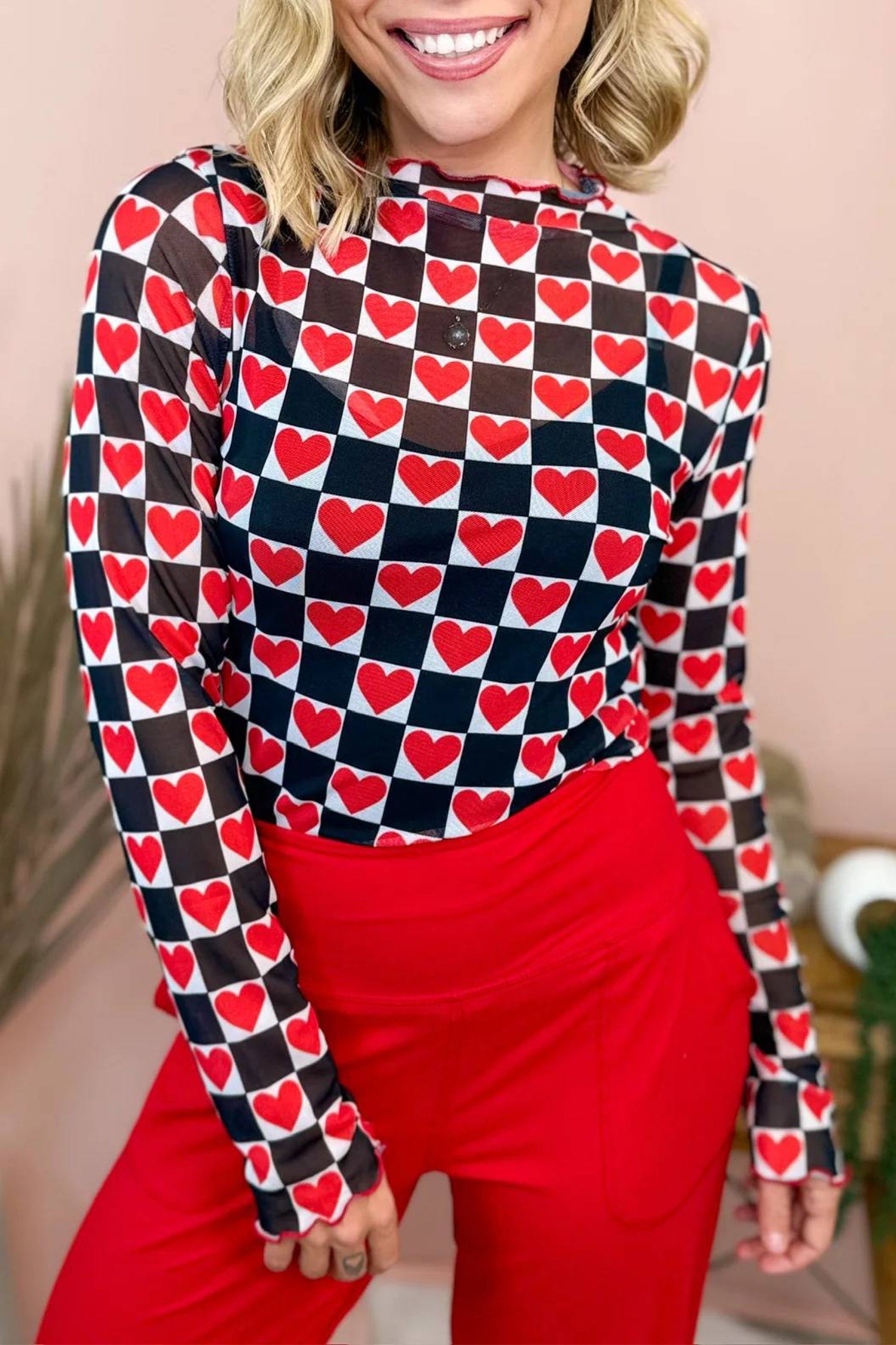 Rose plaid mesh sheer long sleeve top with heart detail and high neck
