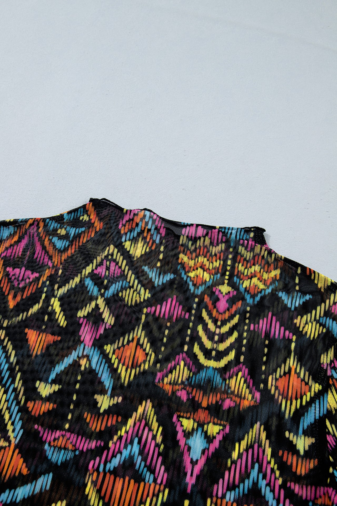 Black Abstract Print Stand Neck Mesh Top