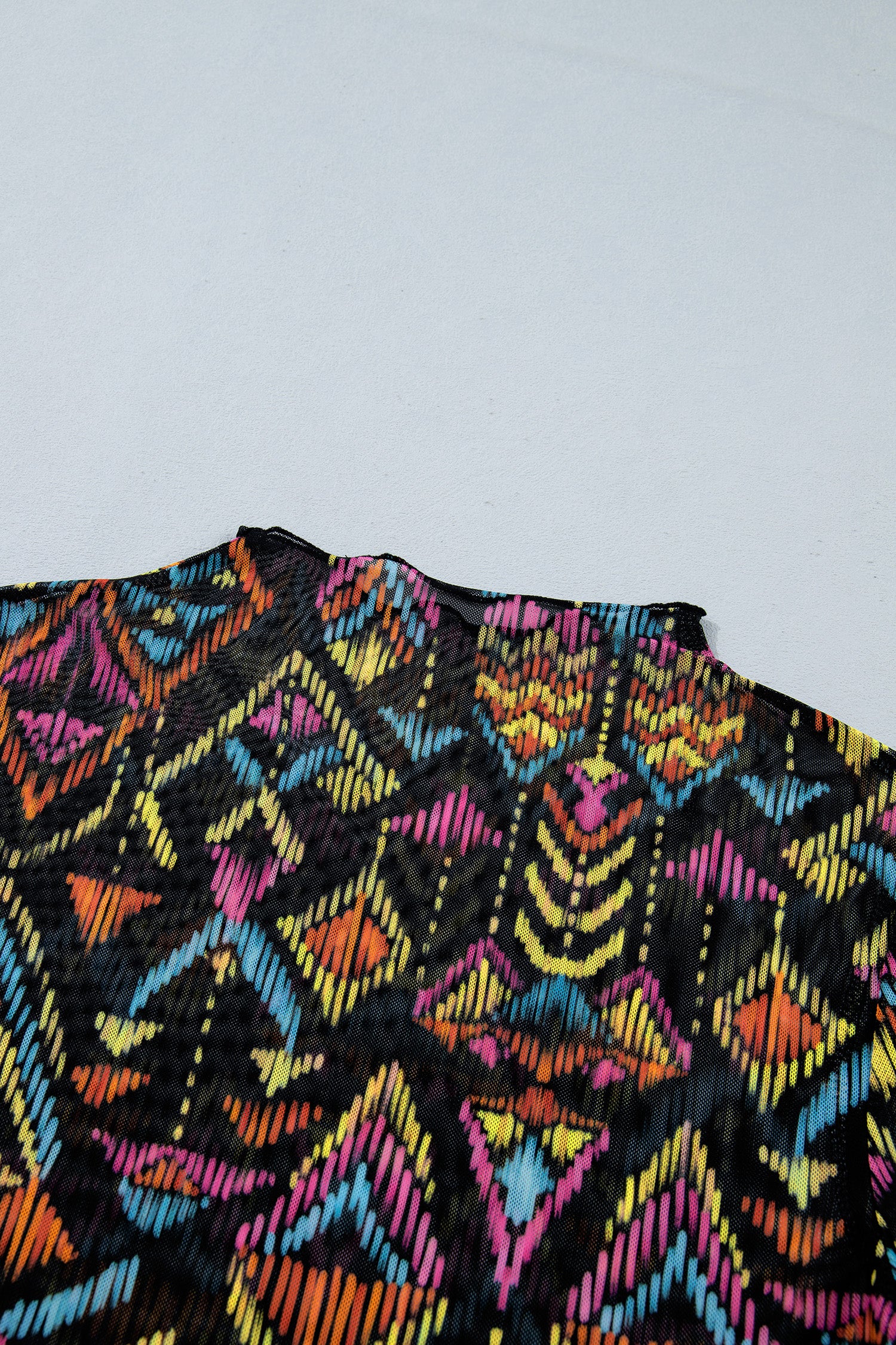 Black Abstract Print Stand Neck Mesh Top