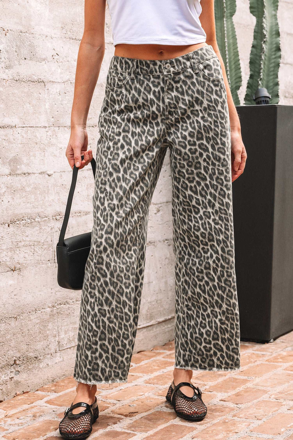 Women's yellow leopard print straight loose leg jeans