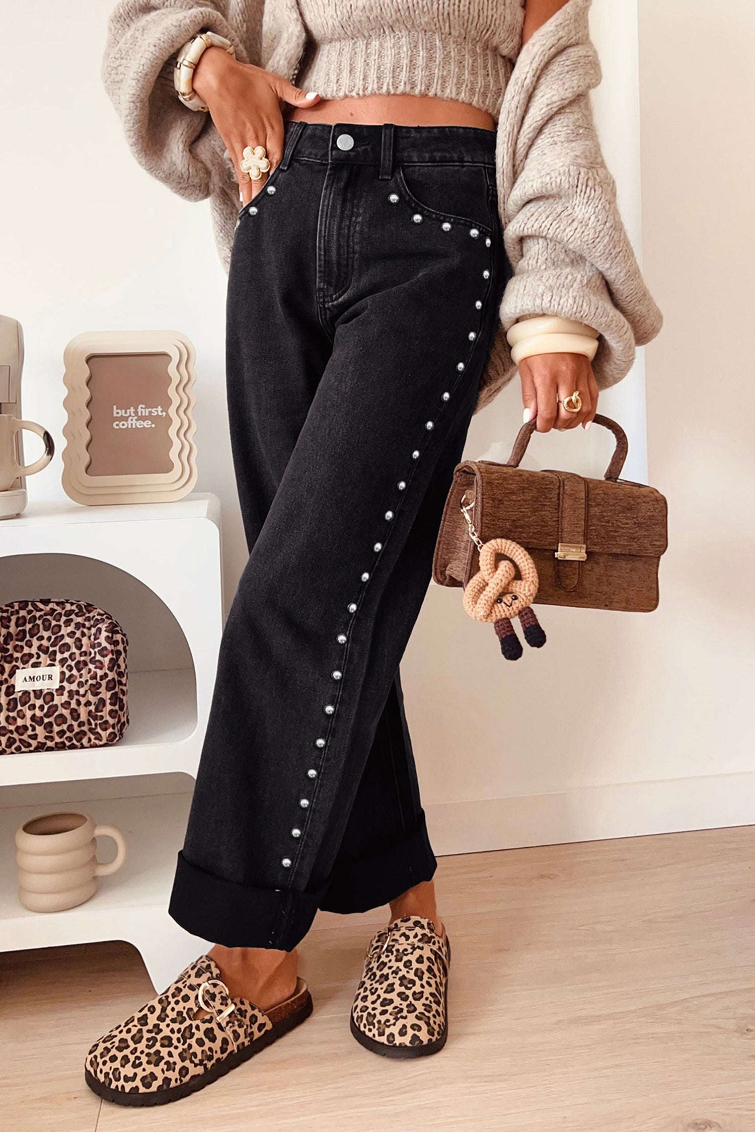 Black Studded Straight Leg Jeans | Casual Fit