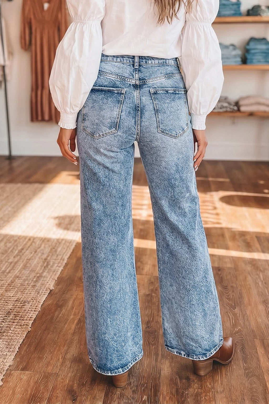 Blue acid wash flare jeans, alternate view