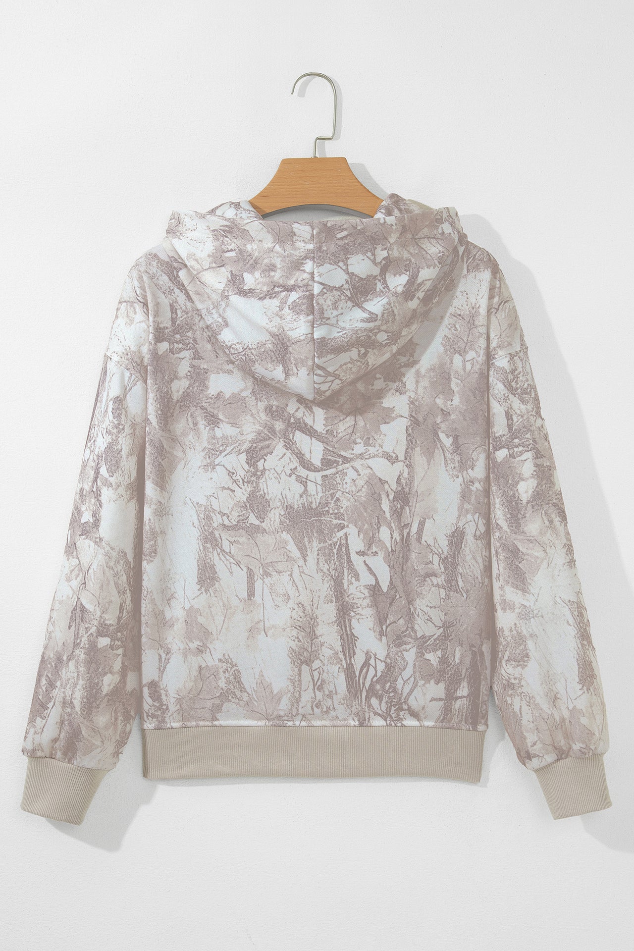 Cozy Gray Abstract Print Hoodie Back Studio View on Hanger
