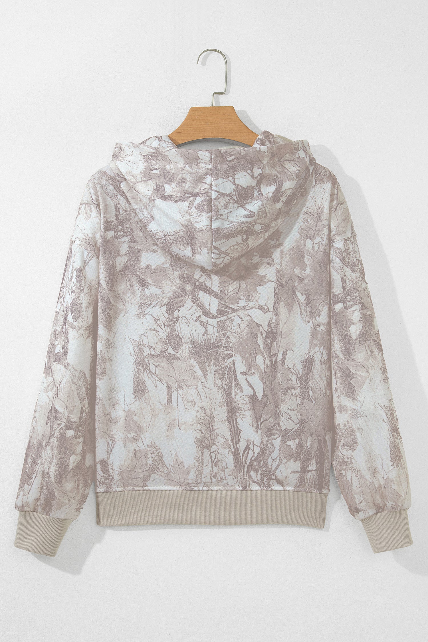 Cozy Gray Abstract Print Hoodie Back Studio View on Hanger