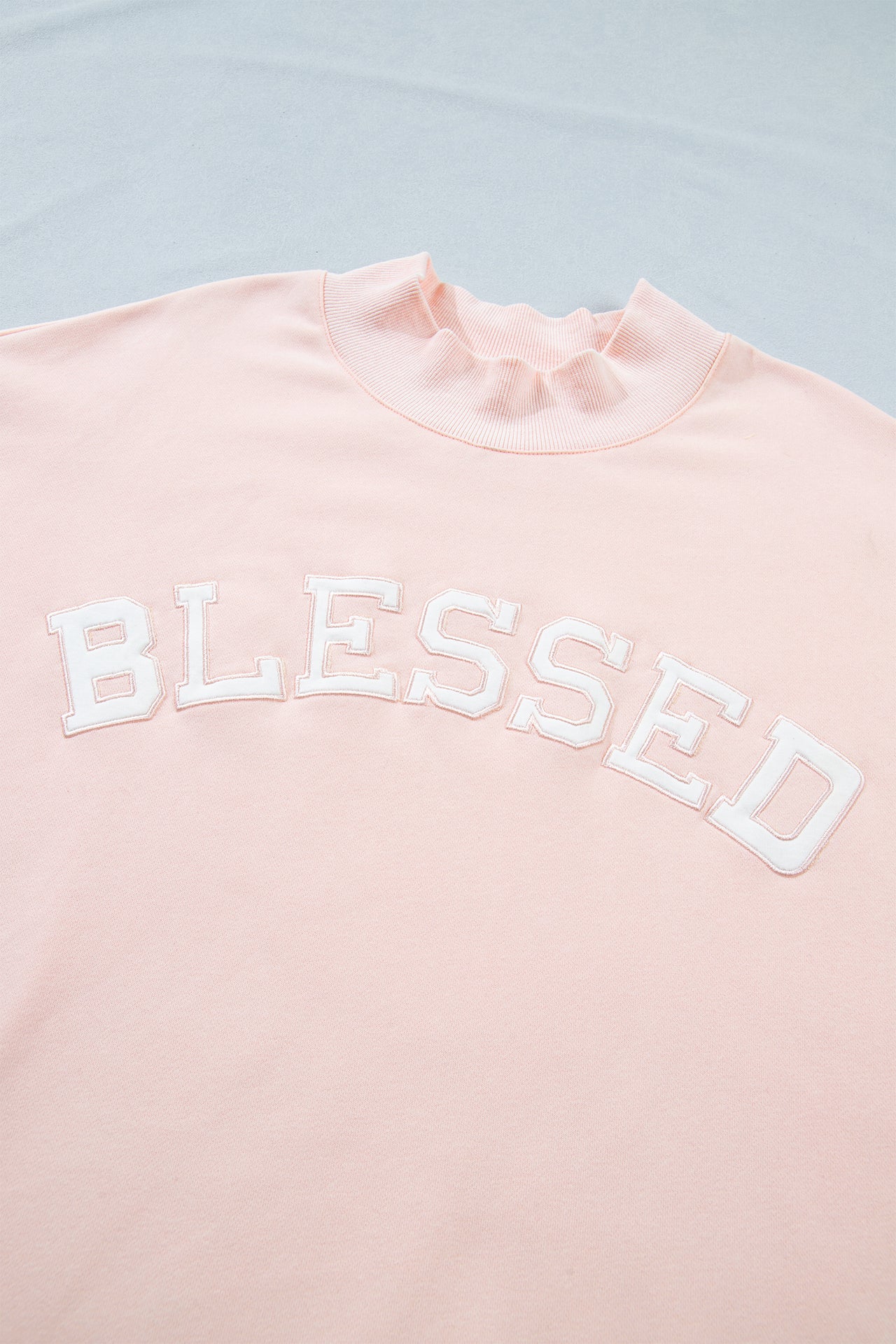 Light Pink BLESSED Embroidered Trim Patch Graphic Plus Size Mock Neck Sweatshirt