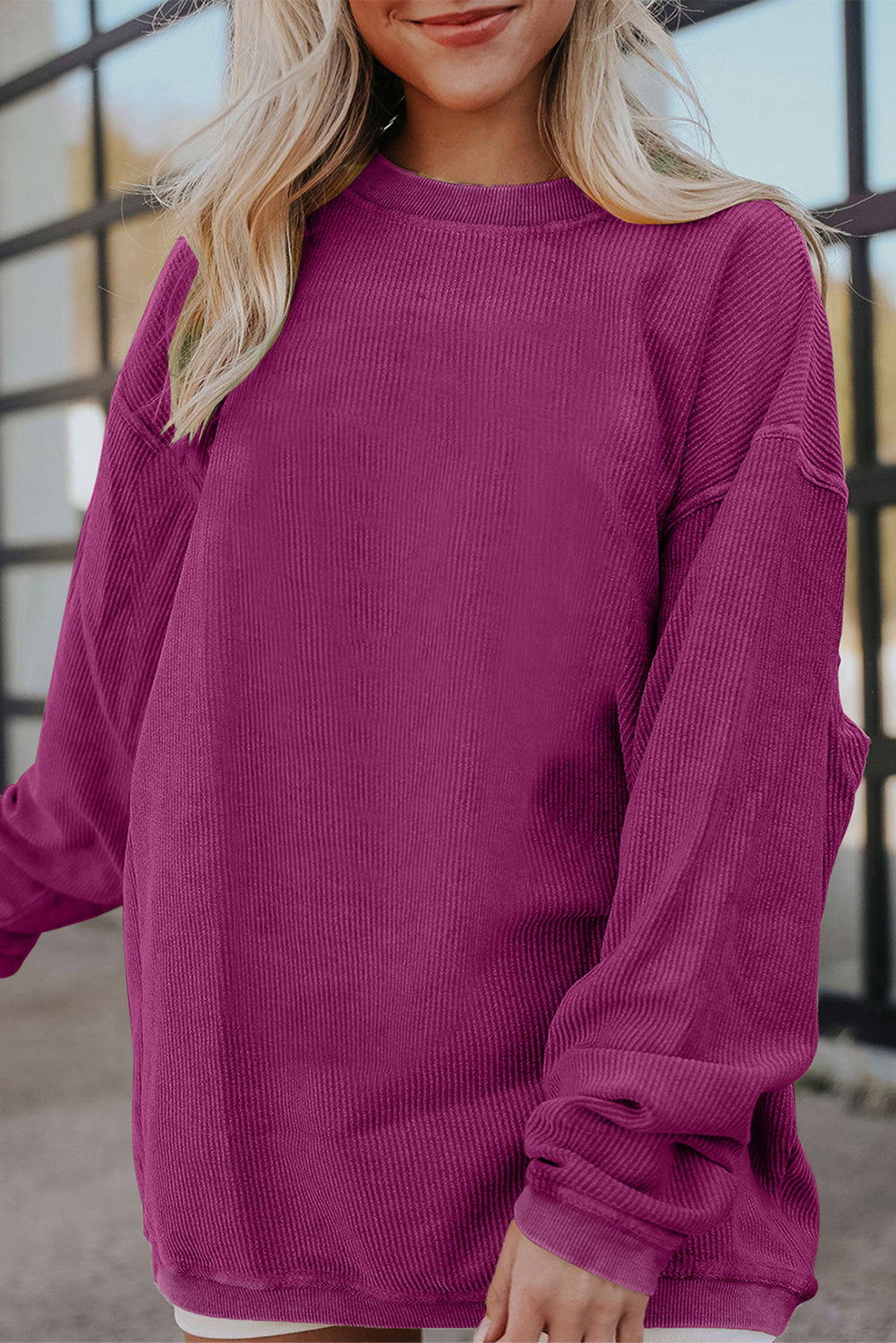 Smoke Gray Ribbed Corduroy Oversized Sweatshirt