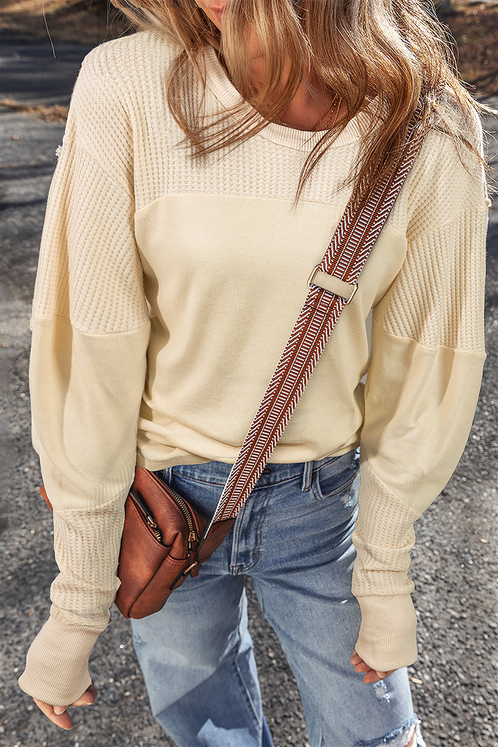Beige Thermal Knit Long Sleeve Top