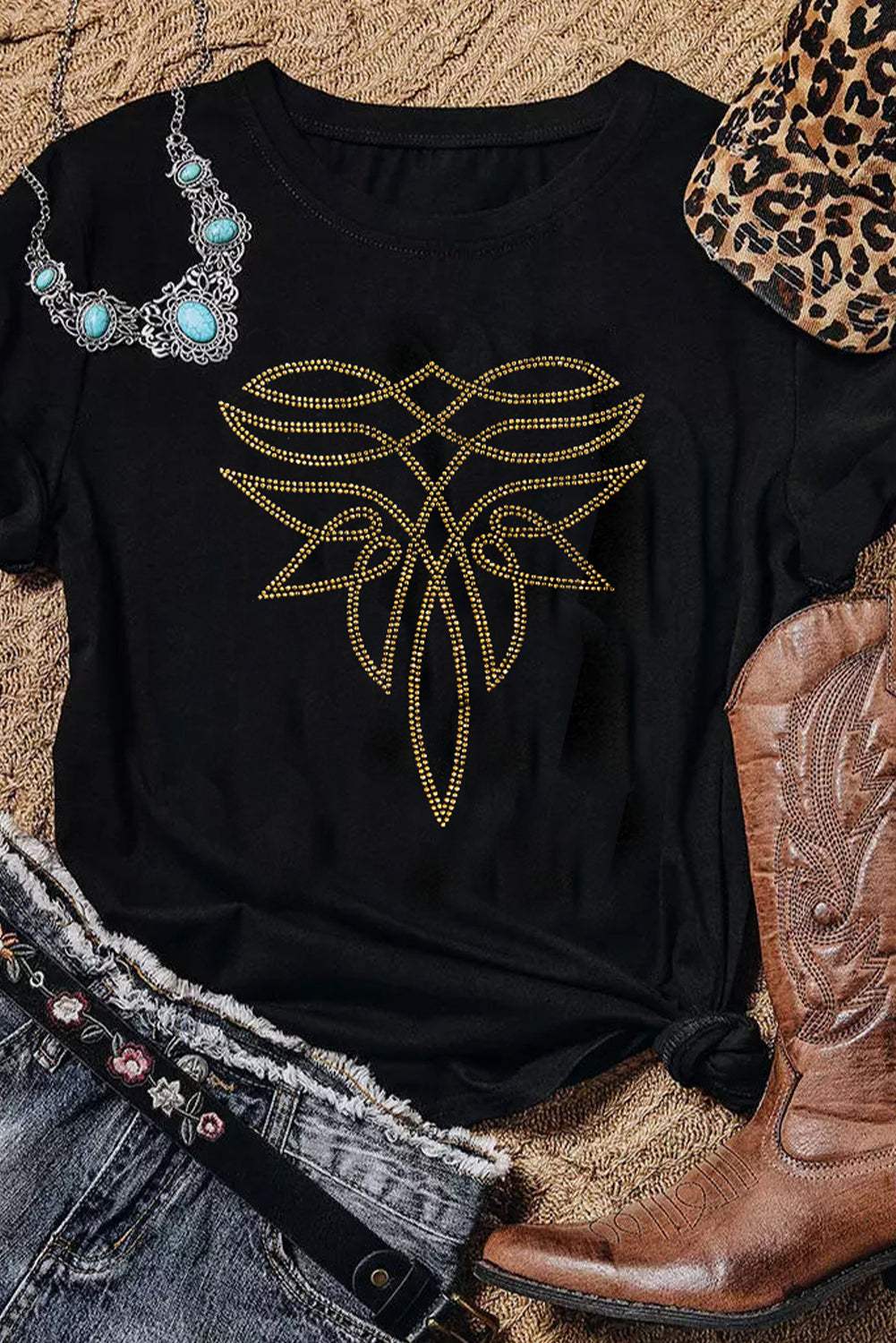 Black Rhinestone Western Graphic Tee in black cotton blend featuring a gold rhinestone western pattern on the front.
