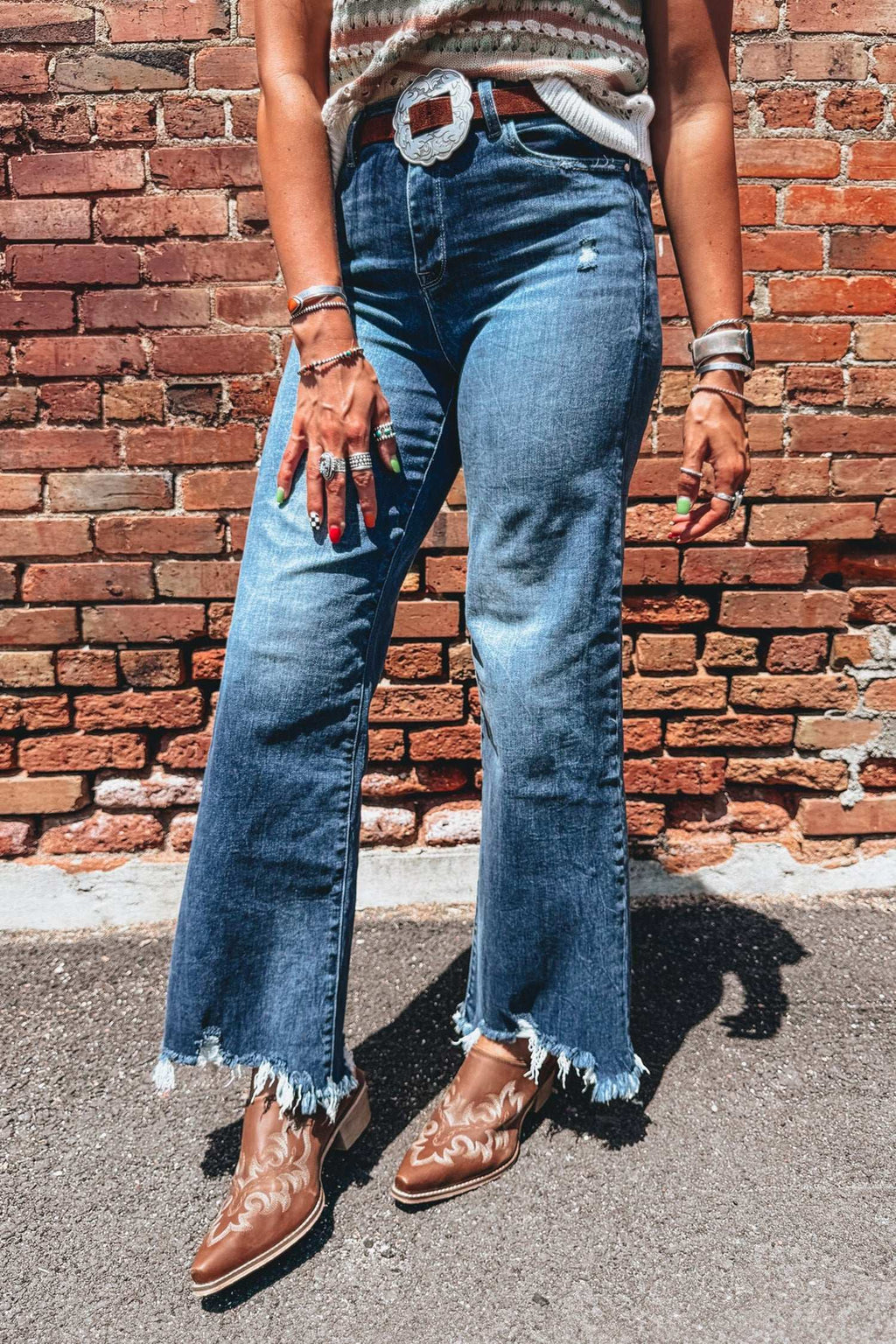 Blue frayed hem flare jeans, view 7