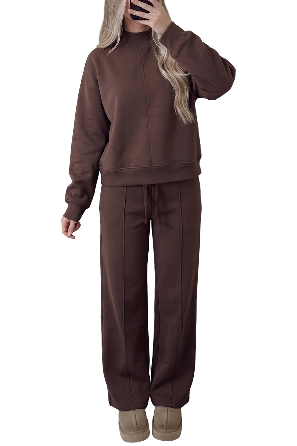 Coffee Mock Neck Pullover Pants Set styled outfit