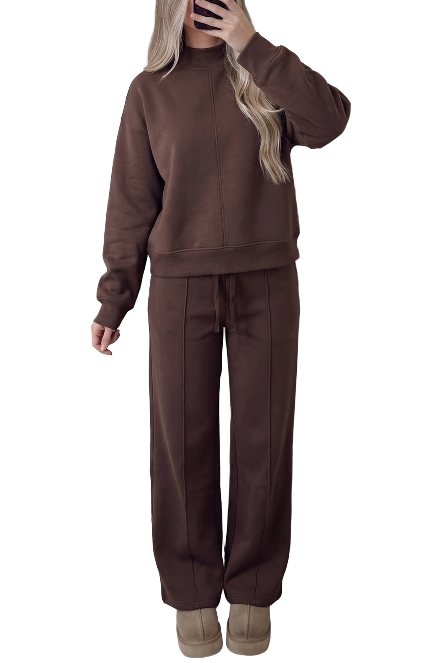 Coffee Mock Neck Pullover Pants Set styled outfit