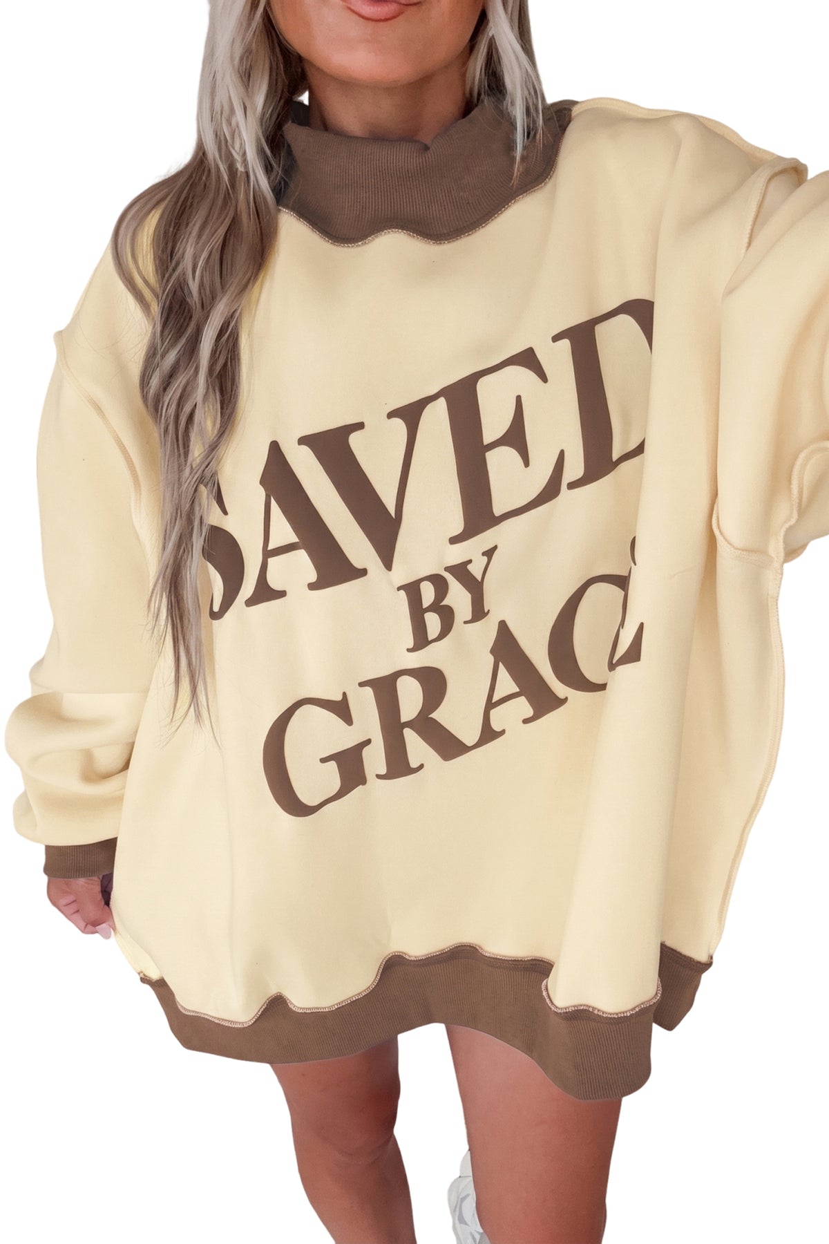 Beige Saved By Grace Print Color Block Mock Neck Oversized Sweatshirt Dear-Lover Dropshipping