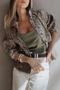 Khaki Abstract Print Denim Jacket front view