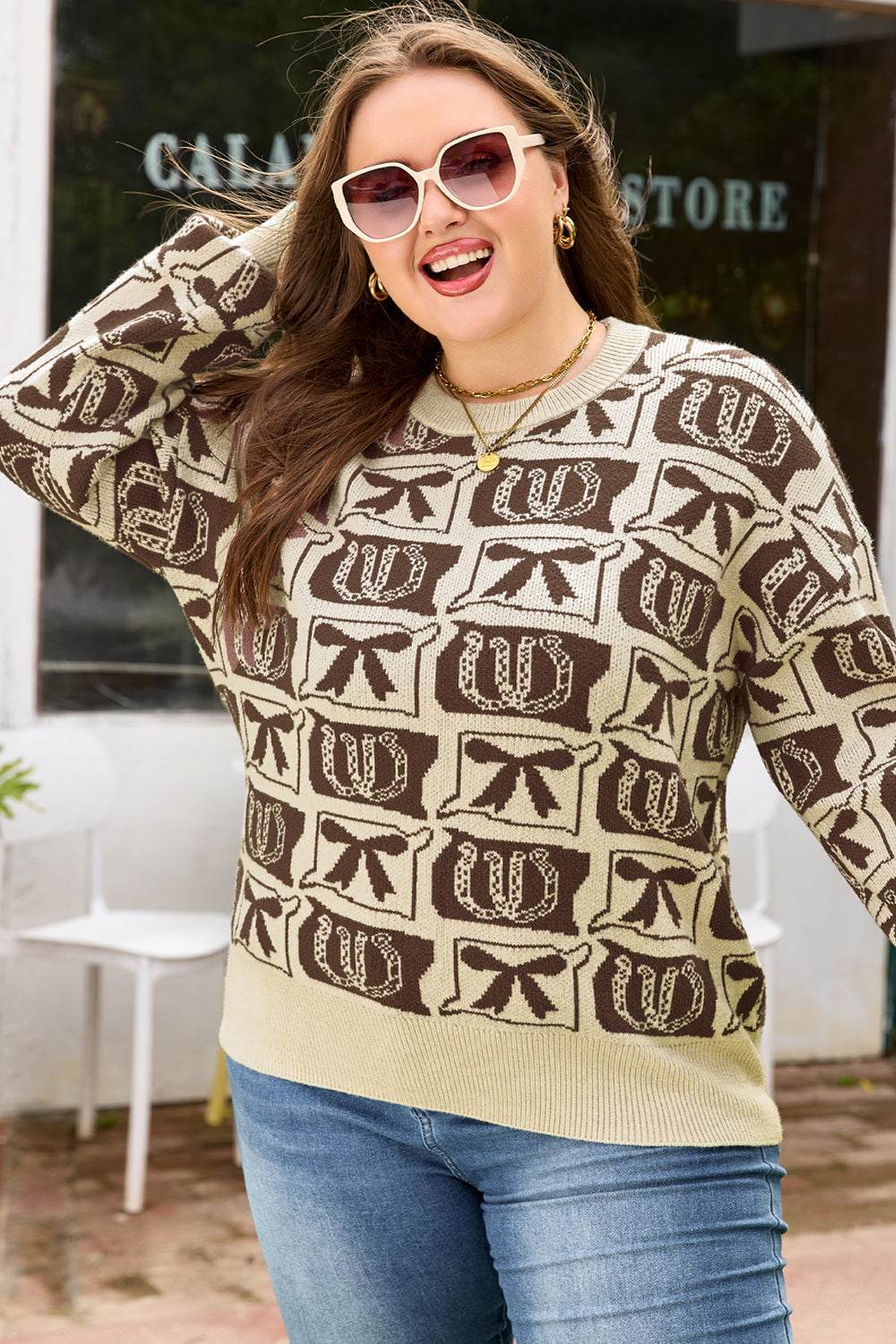 Brown horseshoe plus size sweater, view 4