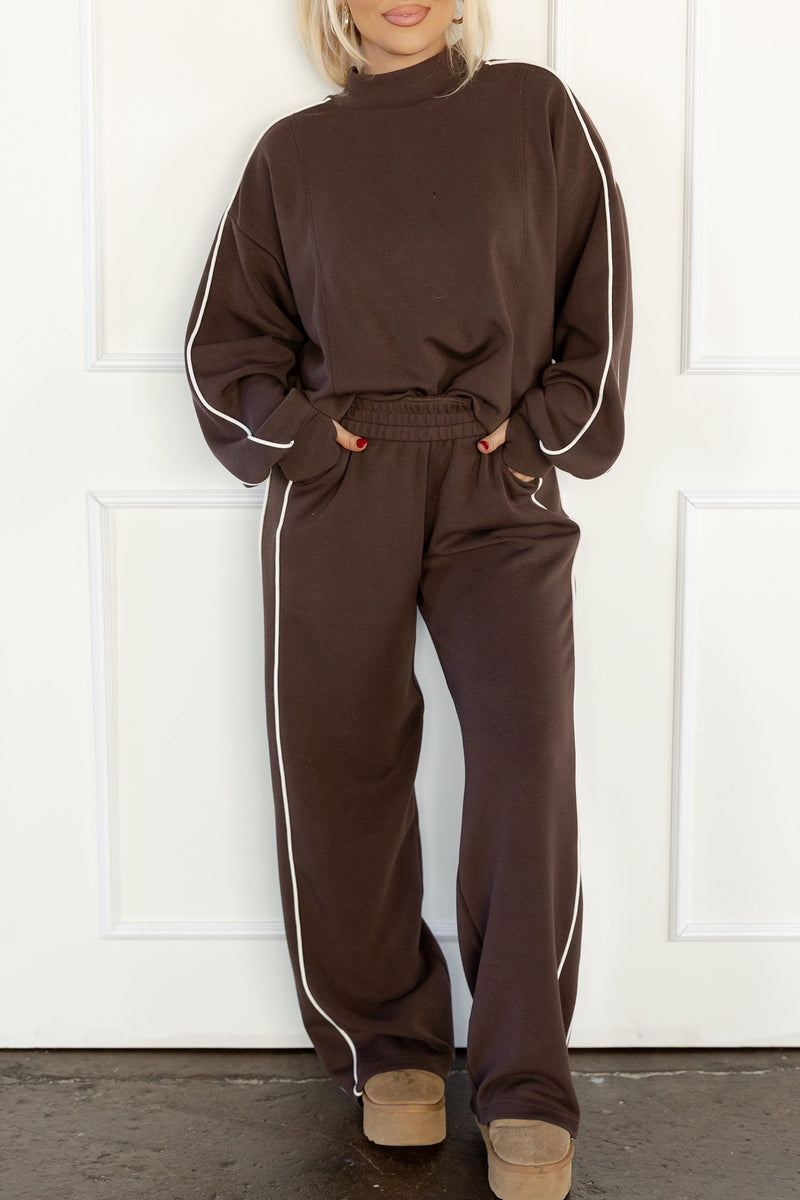 Coffee Sporty Piping Trim Mock Neck Pullover Relaxed 2pcs Pant Set Dear-Lover Dropshipping