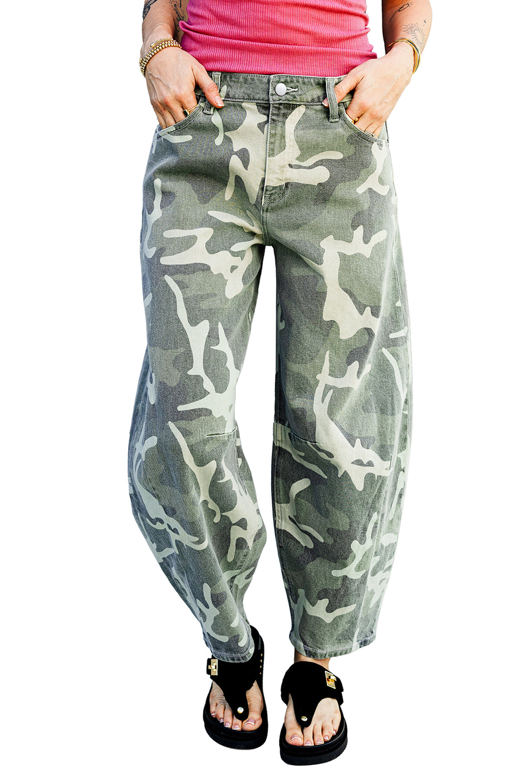 Green camo straight leg jeans, view 5