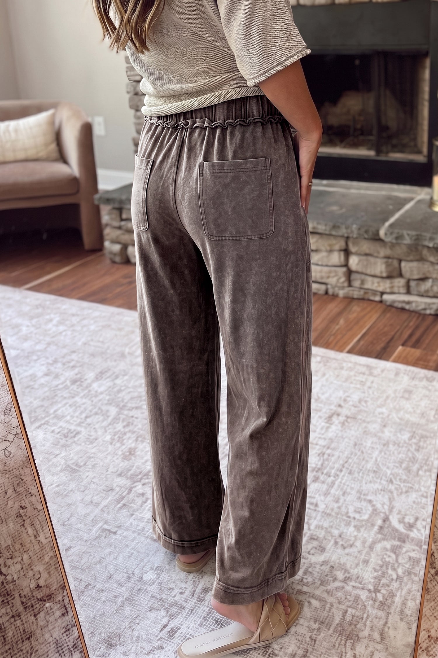 Coffee Mineral Wash Seam Detail Flare Leg Drawstring Pants Dear-Lover Dropshipping